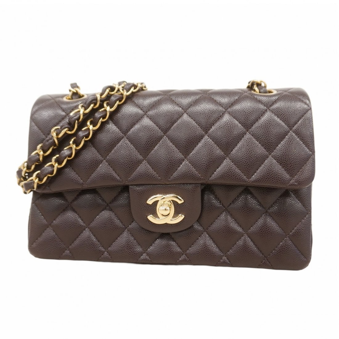 Chanel Matelasse Shoulder Bag with Double Flap and Chain, Caviar Skin, Brown, Champagne, Women's (1 of 12)