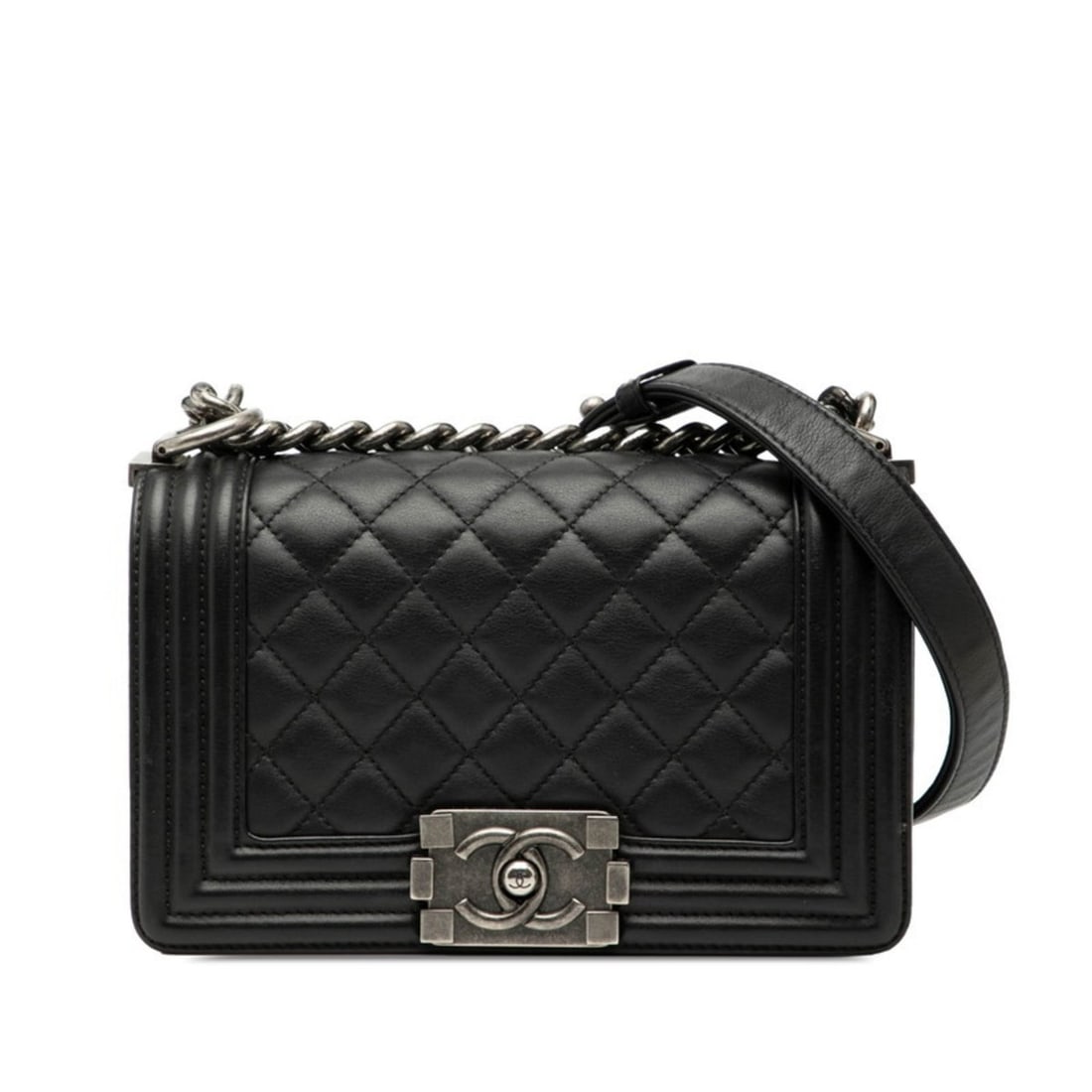 CHANEL Matelasse Mini Boy Chain Shoulder Bag in Black Lambskin for Women: --- Catalog ---Category: SizeSize (HxWxD): 13cm x 20cm x 6cm / 5.11'' x 7.87'' x 2.36''Category: DesignType: Shoulder bagColor: BlackGender: WomenMaterial: Leather Leather/Fur Type: LambskinCategory: