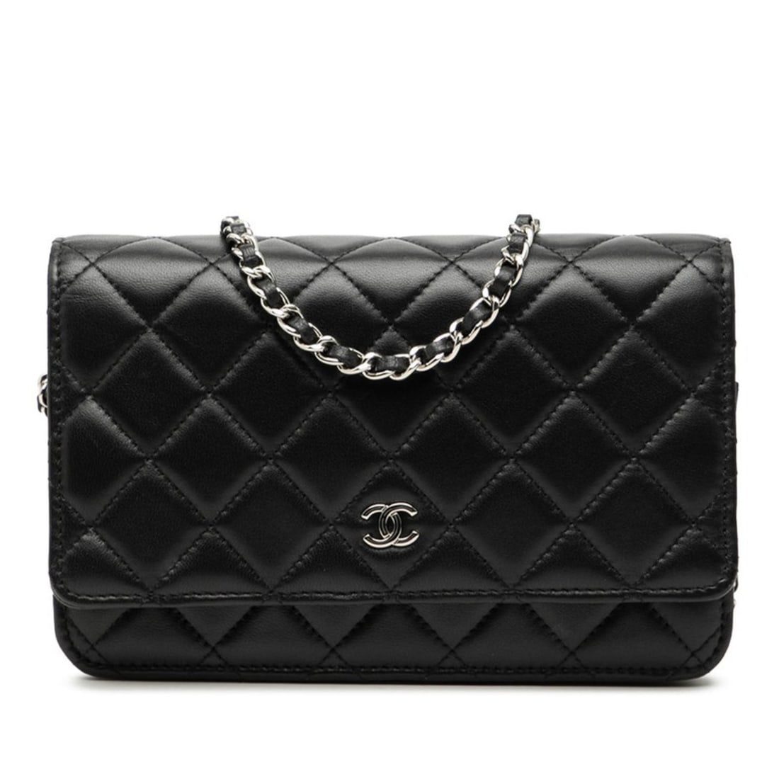 CHANEL Matelasse Coco Mark Chain Wallet Shoulder Bag in Black with Silver Hardware and Lambskin,: --- Catalog ---Category: SizeSize (HxWxD): 12cm x 19cm x 3cm / 4.72'' x 7.48'' x 1.18''Category: DesignType: Shoulder bagColor: BlackGender: WomenMaterial: Leather Hardware Color: SilverLeather/Fur Ty