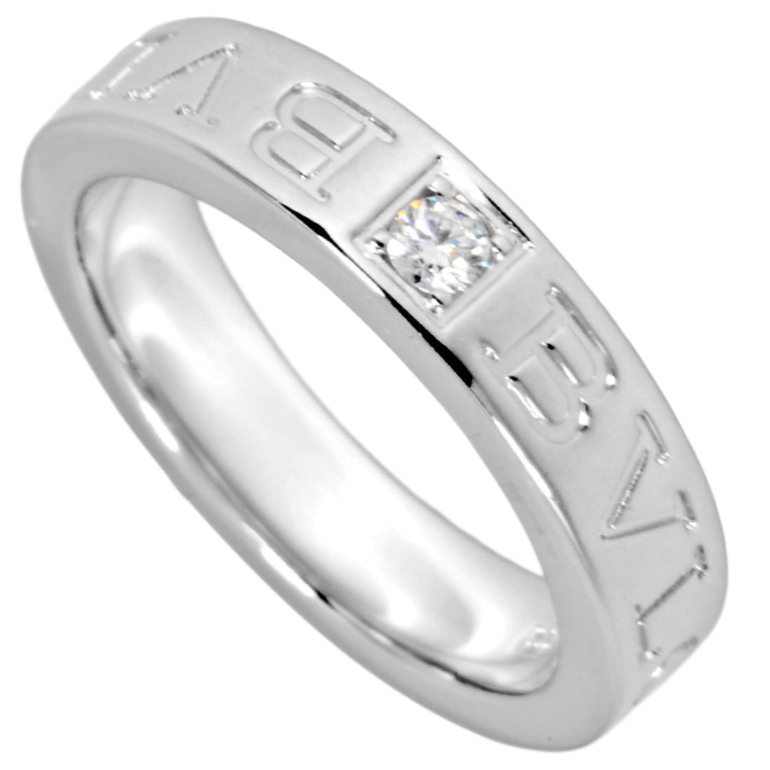 Bvlgari Double Logo Ring with Diamond, Approximately 18K White Gold, 5.4g, 1 Diamond: --- Catalog ---Category: SizeJP Size: 6.5US Size: 3.5Category: DesignType: Band ringStone: DiamondGender: WomenMaterial: White gold (18K)Category: GeneralBrand: Bvlgari--- Item List ---Section: Condit