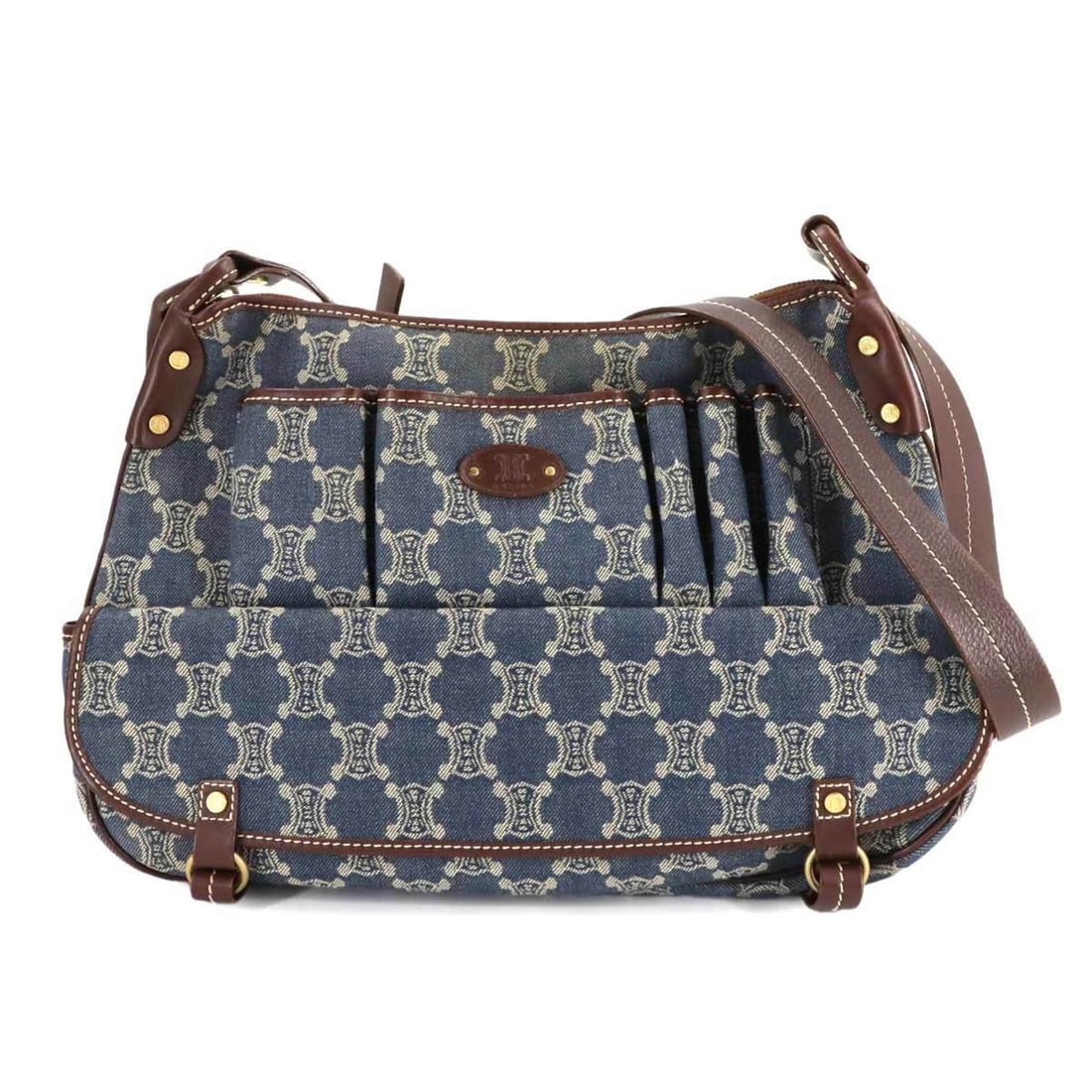 Celine Macadam Shoulder Bag in denim, leather, blue, brown, and gold hardware.: --- Catalog ---Category: SizeSize (HxWxD): 28cm x 35cm x 11.5cm / 11.02'' x 13.77'' x 4.52''Category: DesignType: Shoulder bagColor: Blue, BrownGender: WomenMaterial: Denim , Leather Category: General