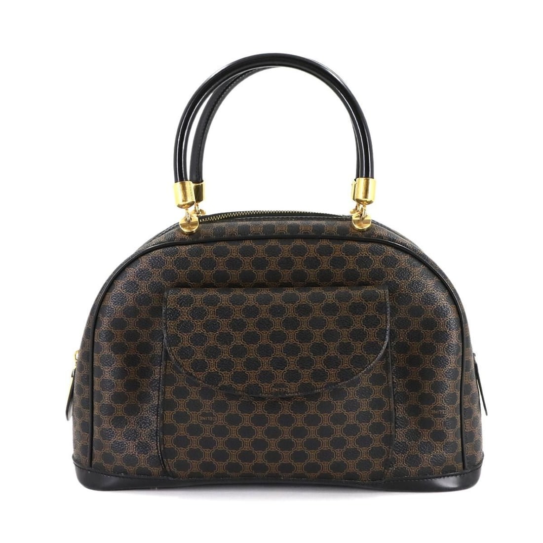 Celine Macadam Handbag in PVC leather with black, brown, and gold hardware.: --- Catalog ---Category: SizeSize (HxWxD): 20.5cm x 31.5cm x 11cm / 8.07'' x 12.4'' x 4.33''Category: DesignType: HandbagColor: Black, BrownGender: WomenMaterial: PVC , Leather Category: GeneralBrand: