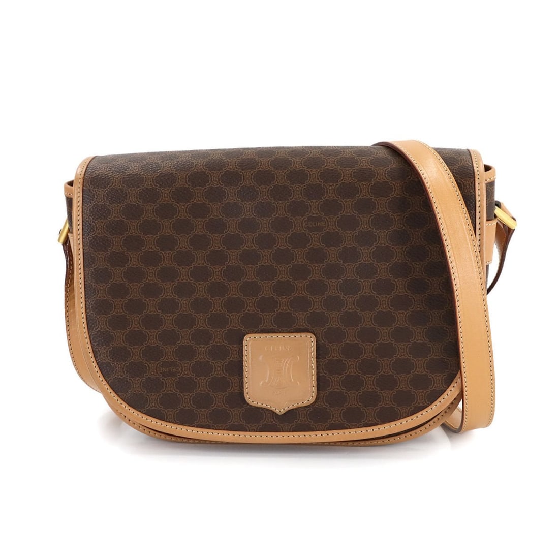 Celine Macadam Shoulder Bag in Brown PVC Leather with Gold Hardware: --- Catalog ---Category: SizeSize (HxWxD): 18.5cm x 23cm x 8cm / 7.28'' x 9.05'' x 3.14''Category: DesignType: Shoulder bagColor: BrownGender: WomenMaterial: PVC , Leather Category: GeneralBrand: Celi