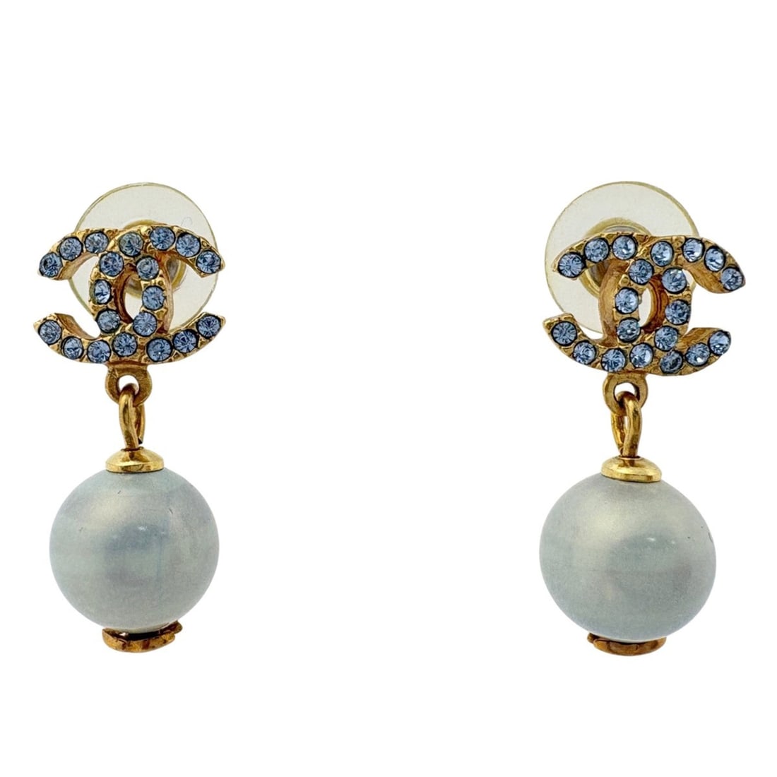CHANEL Coco Mark Faux Pearl and Rhinestone Swing Earrings, GP Gold Blue, Women's: --- Catalog ---Category: SizeSize (HxWxD): 28.00mm x 13.00mm / 1.10'' x 0.51''Category: DesignType: Drop earringsColor: Blue, GoldStone: RhinestoneFinish: Gold platedGender: WomenCategory: GeneralBran