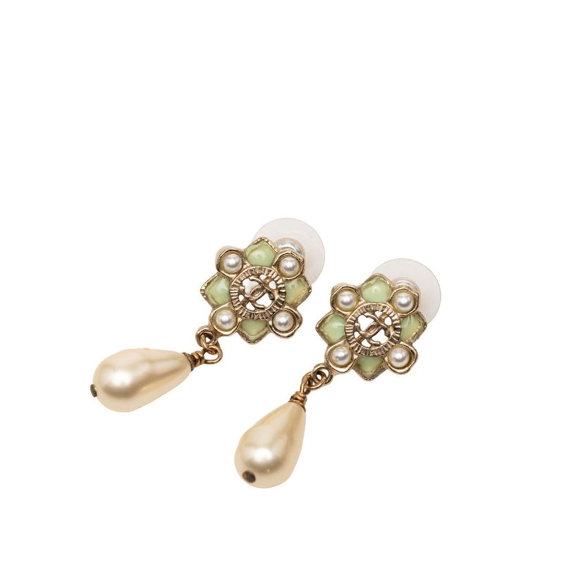Chanel Coco Mark Flower Motif Earrings in Gold and Green with Faux Pearls, Women's: --- Catalog ---Category: SizeSize (HxWxD): 42.80mm x 16.20mm x 9.50mm / 1.69'' x 0.64'' x 0.37''Category: DesignType: Stud earringsColor: Gold, GreenStone: Artificial pearlGender: WomenMaterial: Gold