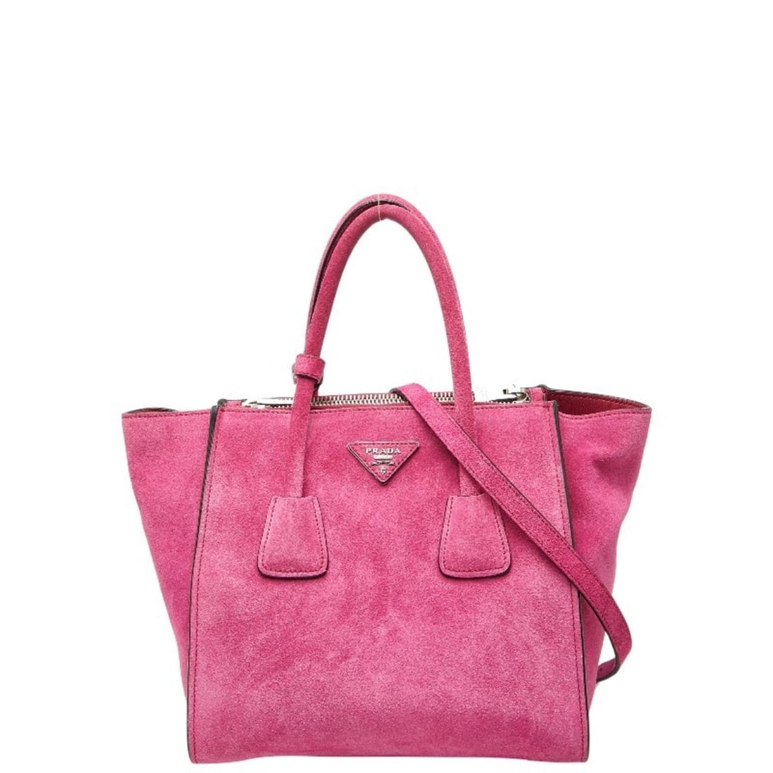 Prada Triangle Logo Plate Handbag/Shoulder Bag, 2-Way, BN2625, Pink Suede, Women's, PRADA: --- Catalog ---Category: SizeSize (HxWxD): 23cm x 24.5cm x 19cm / 9.05'' x 9.64'' x 7.48''Category: DesignType: Handbag, Shoulder bagColor: PinkGender: WomenMaterial: Suede Category: GeneralMPN: BN262