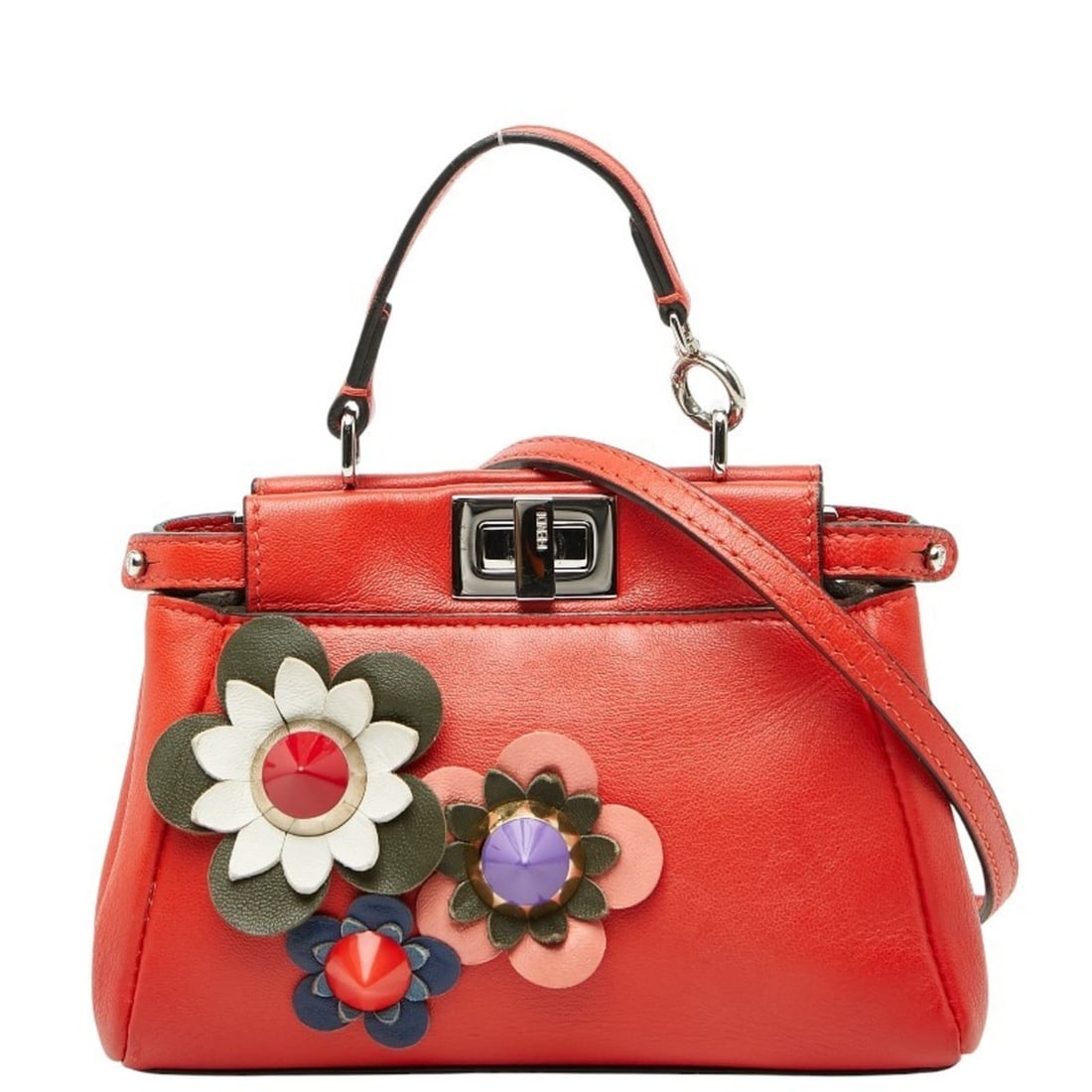 Fendi Micro Peekaboo Flower Motif Handbag/Shoulder Bag/Pochette 2-Way 8M0355 Red Leather Women's: --- Catalog ---Category: SizeSize (HxWxD): 11cm x 15cm x 4.5cm / 4.33'' x 5.9'' x 1.77''Category: DesignType: Handbag, Pochette, Shoulder bagColor: Red colorGender: WomenMaterial: Leather Category: Ge