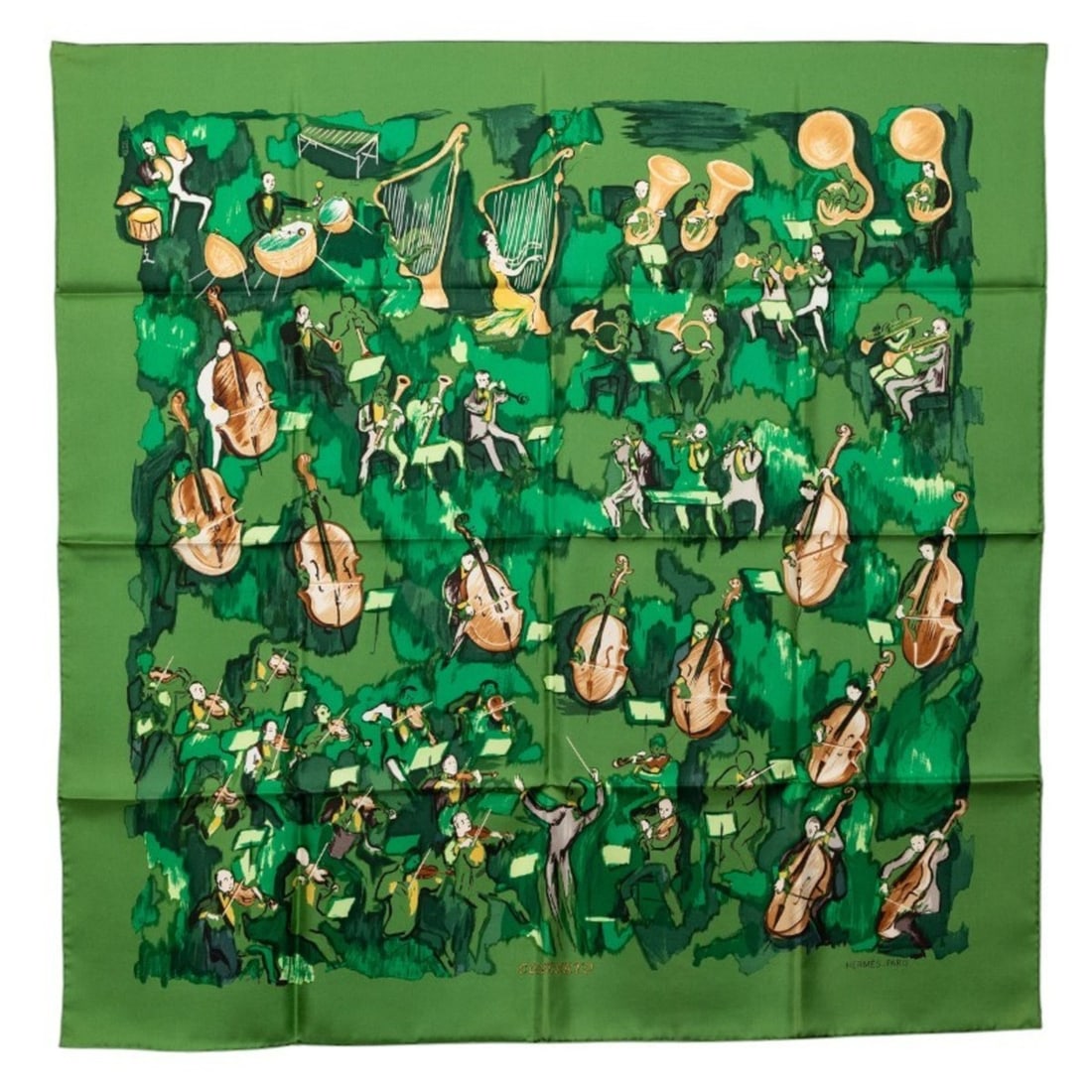 Hermes Hermès Carré 90 Concerto Scarf/Muffler in Green and Multicolored Silk for Women: --- Catalog ---Category: SizeSize (LxW): 88cm x 88.5cm / 34.64'' x 34.84''Category: DesignType: ScarfColor: Green, Multi-colorGender: WomenMaterial: Silk Category: GeneralBrand: HermesCountry of Origi