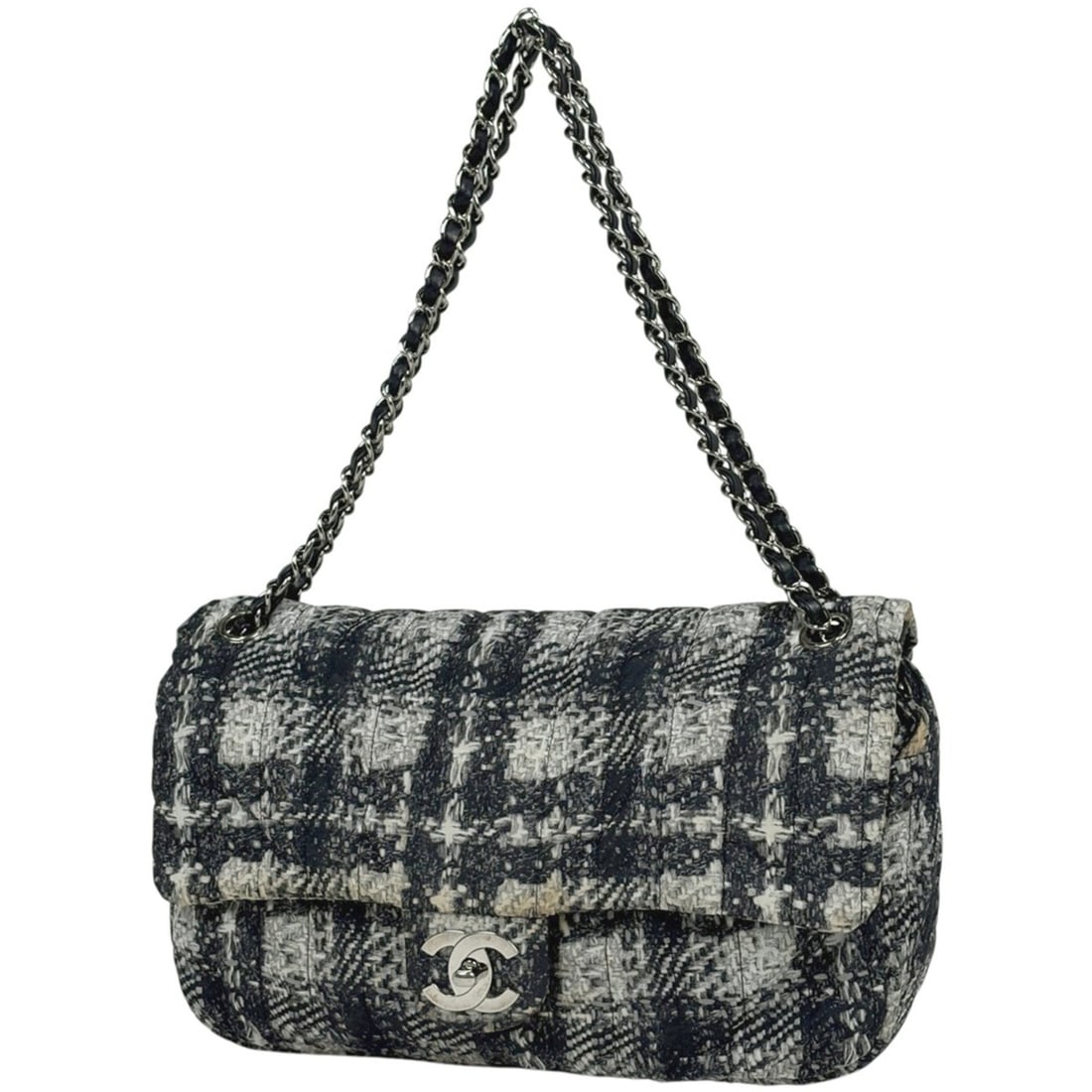 CHANEL Coco Mark Chain Shoulder Bag with Double and Tweed Print Nylon in Black White for Women: --- Catalog ---Category: SizeSize (HxWxD): 19cm x 29cm x 6cm / 7.48'' x 11.41'' x 2.36''Category: DesignType: Shoulder bagColor: Black, WhiteGender: WomenMaterial: Nylon , Leather Category: GeneralBra