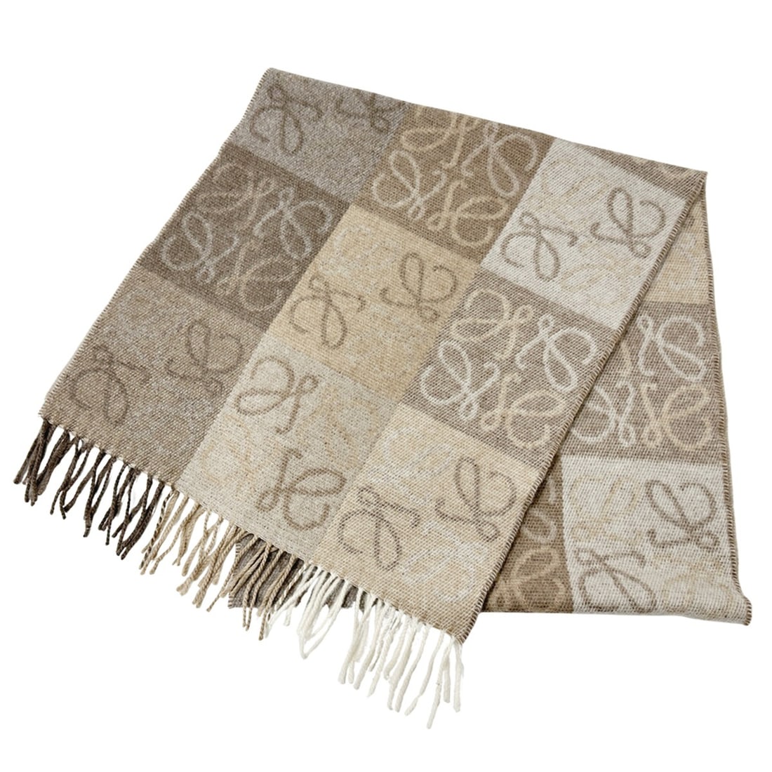 LOEWE Women's Checkerboard Scarf, Wool and Cashmere, Beige White, F81487X17, with Fringe (1 of 10)