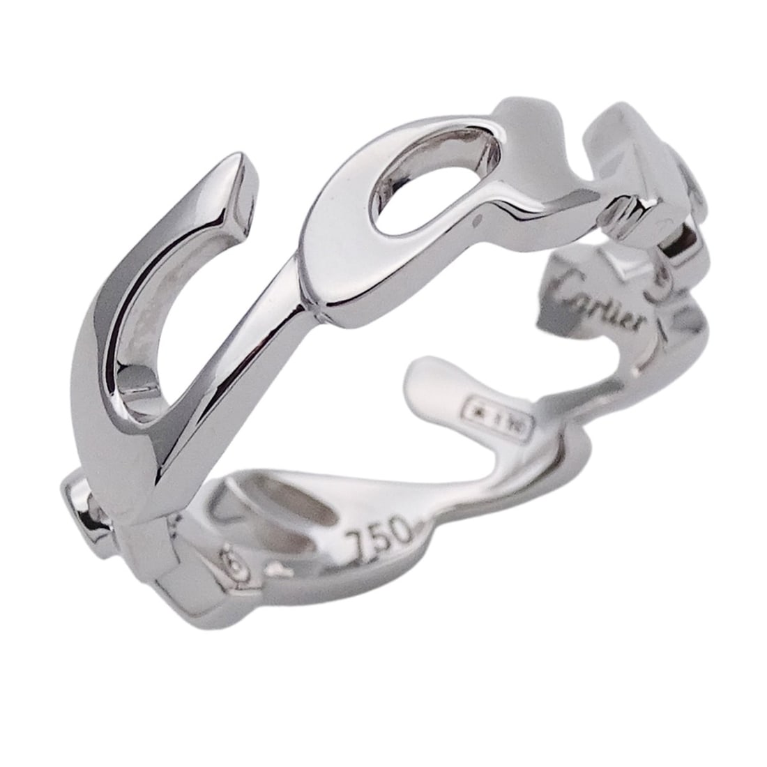 Cartier Women's Ring, 750WG White Gold, Signature Logo, #51, Polished: --- Catalog ---Category: SizeUS Size: 6Brand Size: 51Category: DesignType: Band ringColor: White goldGender: WomenMaterial: White gold (18K)Category: GeneralBrand: Cartier--- Item List ---Section: Con