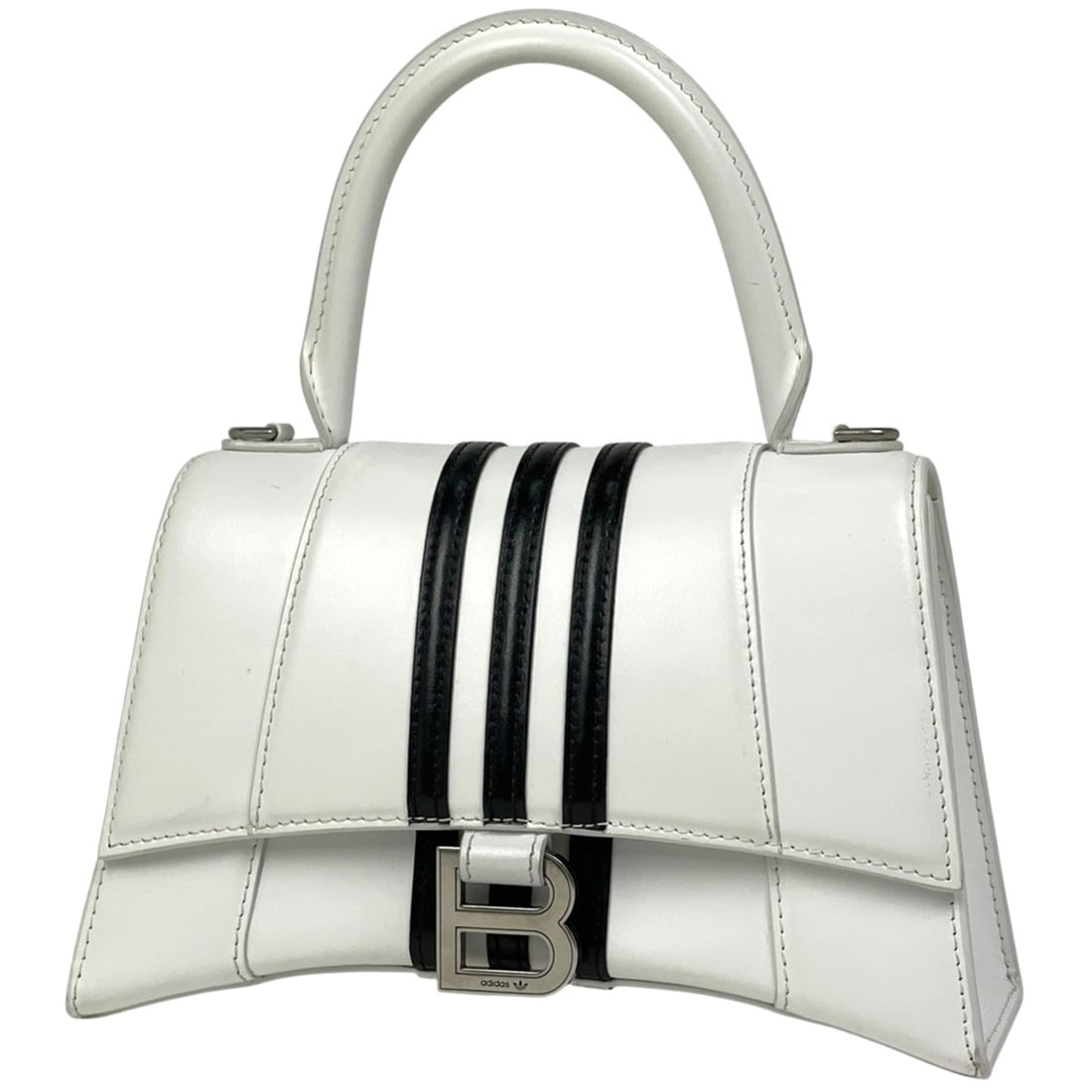 Balenciaga Hourglass Handbag in collaboration with adidas, small leather handbag adidas logo, white: --- Catalog ---Category: SizeSize (HxWxD): 14cm x 22.5cm x 10cm / 5.51'' x 8.85'' x 3.93''Category: DesignType: HandbagColor: Black, WhiteGender: WomenMaterial: Leather Category: GeneralBrand: Balenci