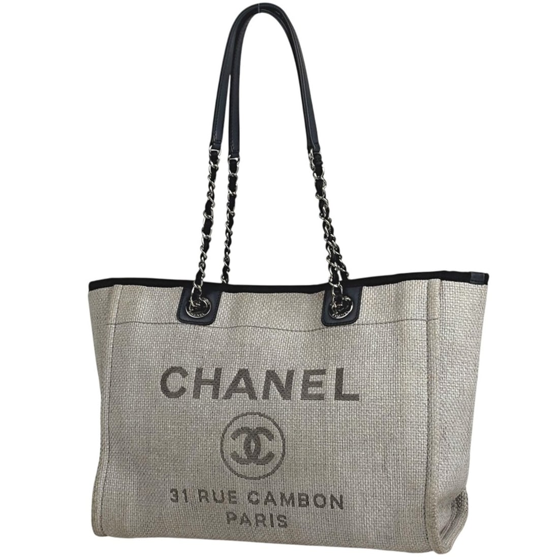 CHANEL Deauville Line Chain Tote Bag with Coco Mark, Shoulder Bag, Straw White/Black, Women's: --- Catalog ---Category: SizeSize (HxWxD): 27cm x 34cm x 16cm / 10.62'' x 13.38'' x 6.29''Category: DesignType: Shoulder bag, Tote bagColor: Black, WhiteGender: WomenMaterial: Straw , Leather Category