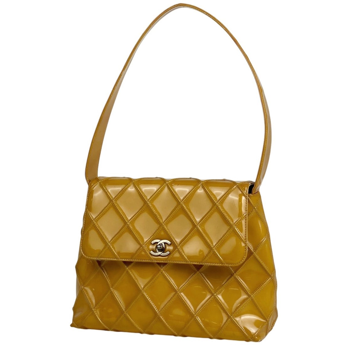 CHANEL Cosmos Line Shoulder Bag with Coco Mark, One-Shoulder Enamel Bag, Patent Leather, Yellow,: --- Catalog ---Category: SizeSize (HxWxD): 21cm x 27.5cm x 10cm / 8.26'' x 10.82'' x 3.93''Category: DesignType: Shoulder bagColor: YellowGender: WomenMaterial: Patent leather Category: GeneralBrand: