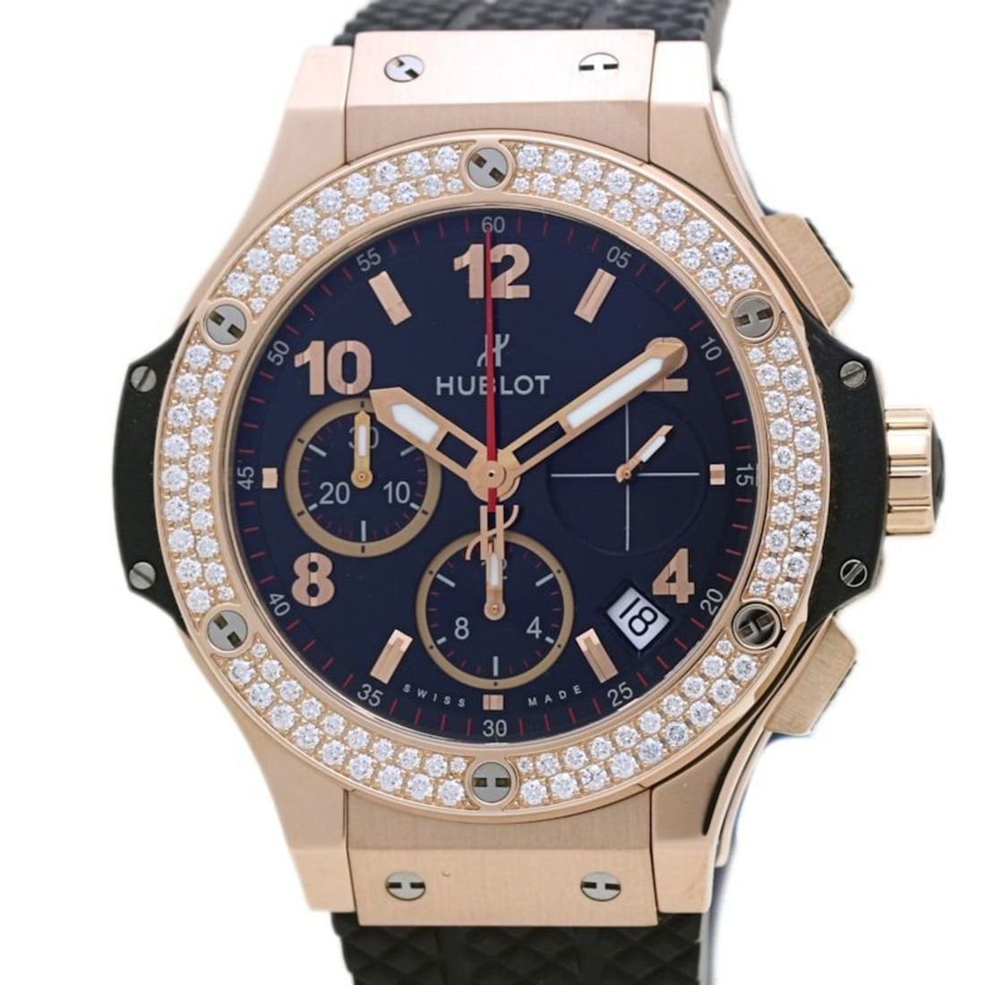 HUBLOT Big Bang Gold Diamond Watch 341.PX.130.RX.114 Men's 18K Rose and Rubber 40144: --- Catalog ---Category: SizeWrist Size: 18cm / 7.08''Case Diameter: 41mm / 1.61''Category: DesignType: WristwatchGender: MenColor (Dial): BlackMaterial (Band): RubberMaterial (Case): Rose gold (18K)C