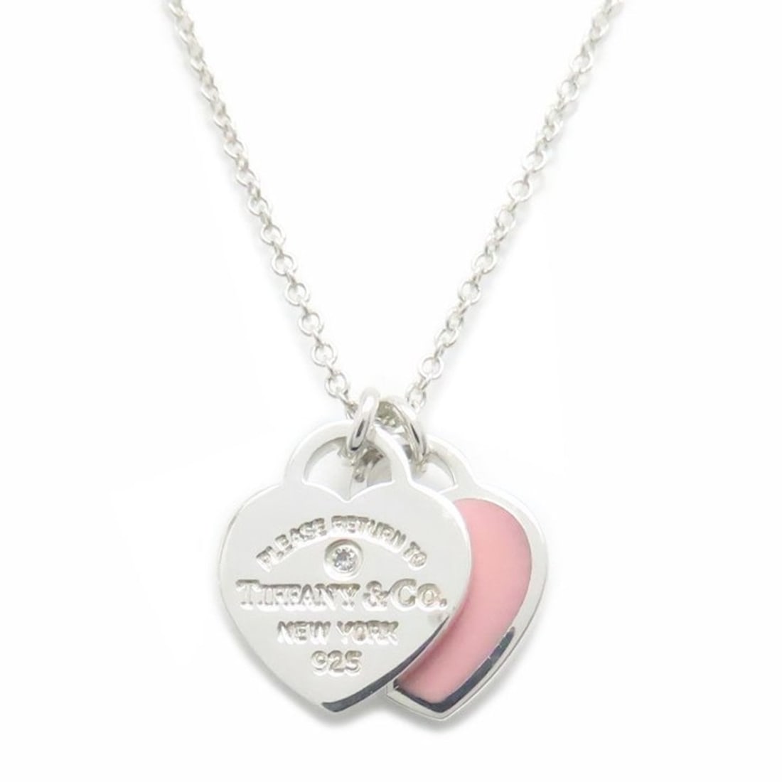 TIFFANY & Co. Return to Tiffany Double Heart Tag Necklace with 1 Diamond in Pink SV925 for Women,: --- Catalog ---Category: SizePendant Size: 9.3mm x 10mm / 0.36'' x 0.39''Neck Circumference: 40.5 cm - 46 cm / 15.94'' - 18.11''Category: DesignColor: Pink, SilverGender: WomenMaterial: Silver 925Neck