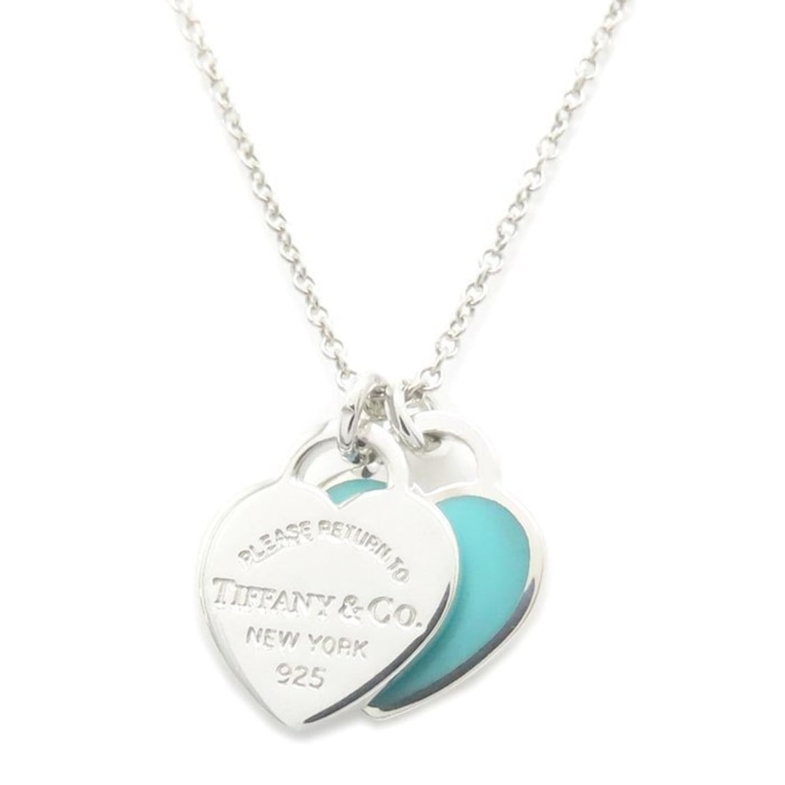 TIFFANY & Co. Return to Tiffany Double Heart Tag Necklace in Blue SV925 for Women, 294896: --- Catalog ---Category: SizePendant Size: 9.3mm x 10mm / 0.36'' x 0.39''Neck Circumference: 40.5 cm / 15.94''Category: DesignColor: Blue, SilverGender: WomenMaterial: Silver 925Necklace Type: Necklac