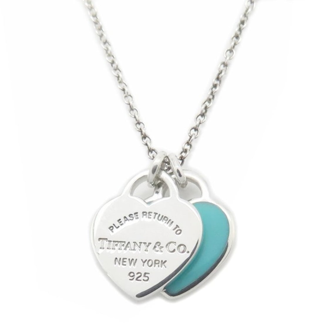 TIFFANY & Co. Return to Tiffany Double Heart Tag Necklace in Blue SV925 for Women, 294894: --- Catalog ---Category: SizePendant Size: 9.3mm x 10mm / 0.36'' x 0.39''Neck Circumference: 41 cm / 16.14''Category: DesignColor: Blue, SilverGender: WomenMaterial: Silver 925Necklace Type: NecklaceC