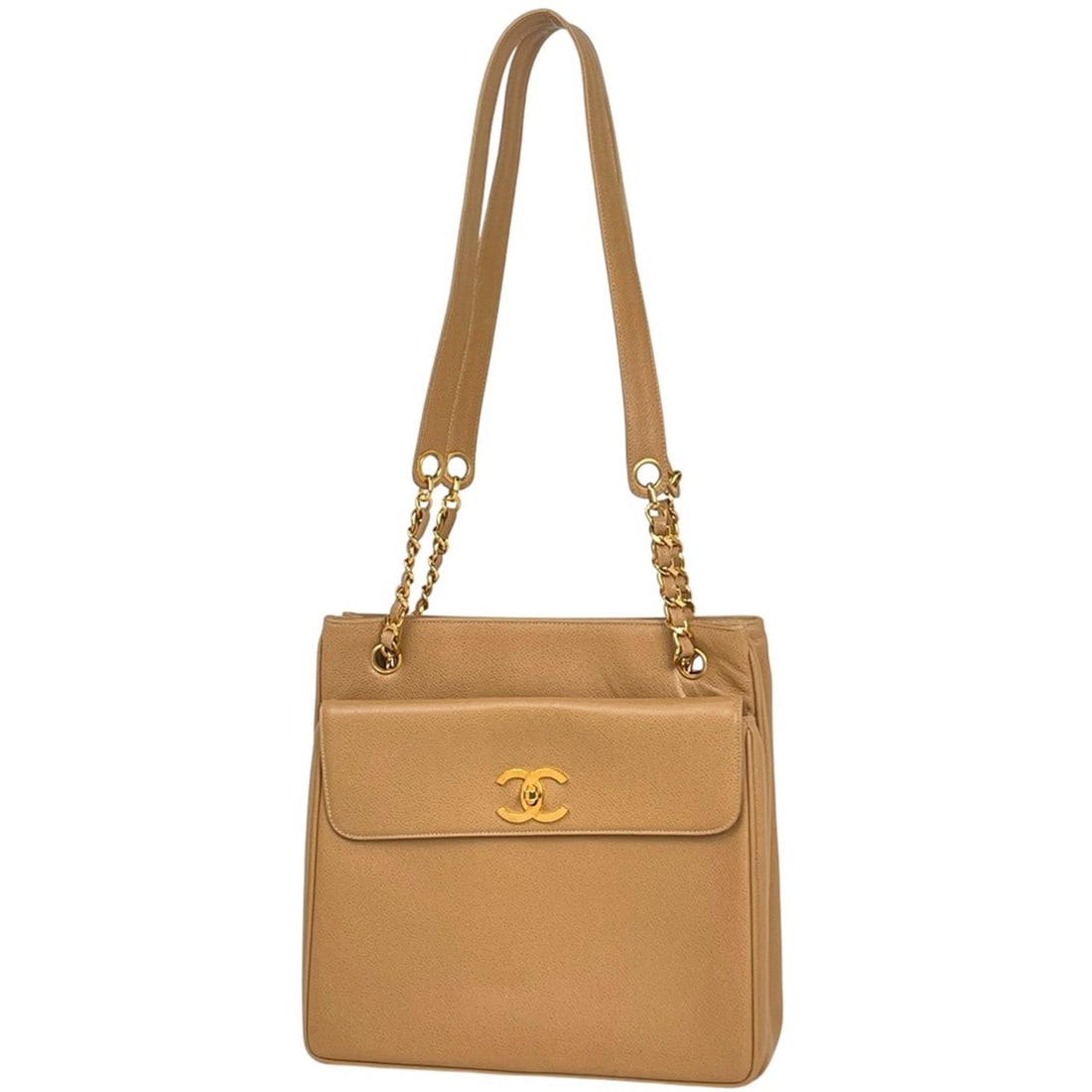 Chanel Coco Mark Chain Tote Bag Shoulder Turnlock Leather Beige Women's (1 of 17)