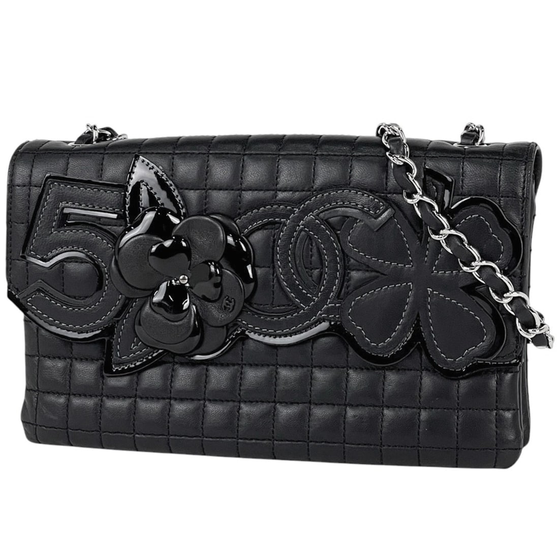 CHANEL Chocobar Chain Shoulder Bag No. 5 Camellia Coco Mark Leather Black Women's: --- Catalog ---Category: SizeSize (HxWxD): 14cm x 23.5cm x 4cm / 5.51'' x 9.25'' x 1.57''Category: DesignType: Shoulder bagColor: BlackGender: WomenMaterial: Leather Category: GeneralBrand: Chanel---