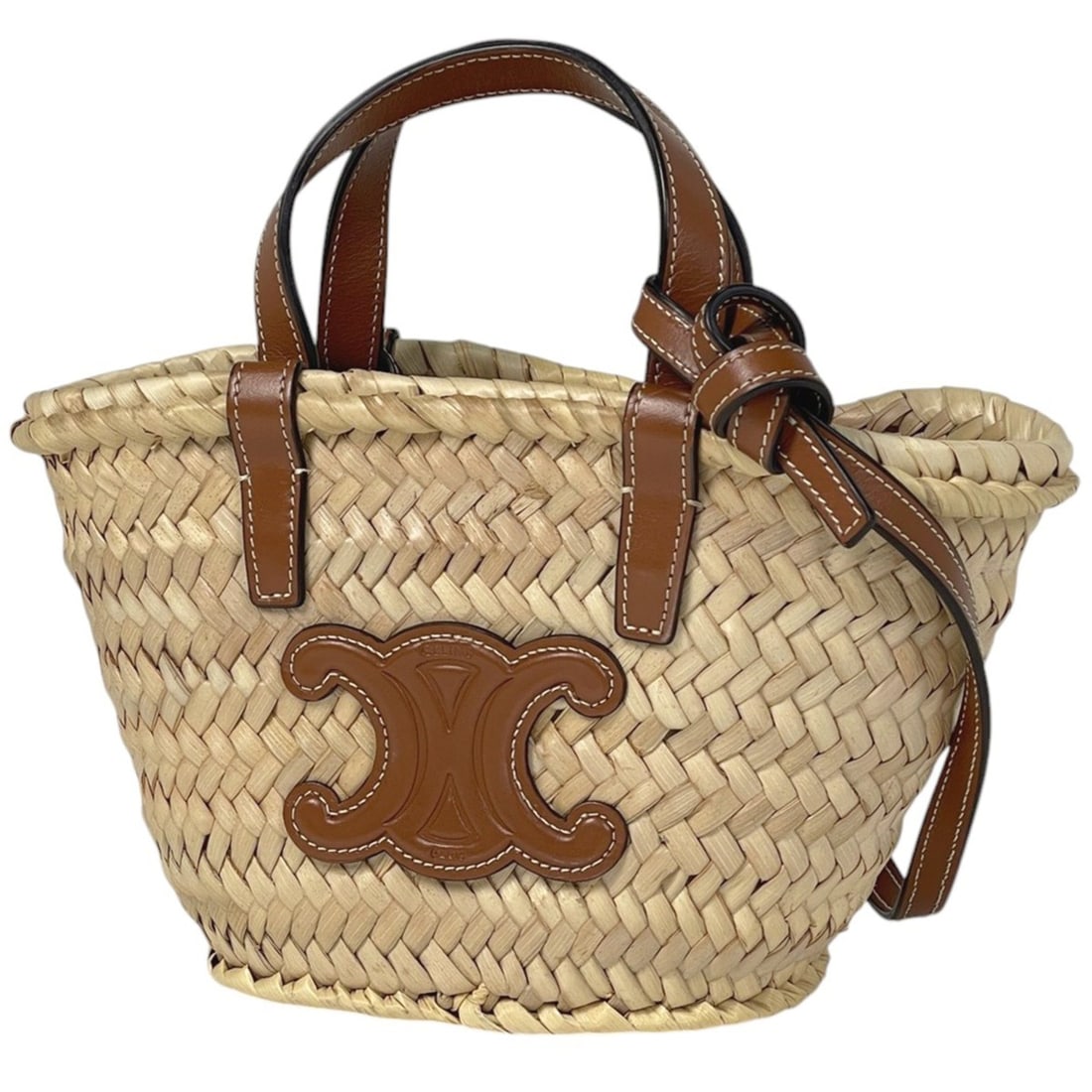 Celine Triomphe Pannier 2-Way Shoulder Bag, Basket Mini Handbag, Raffia, Beige, Brown, Women's (1 of 13)