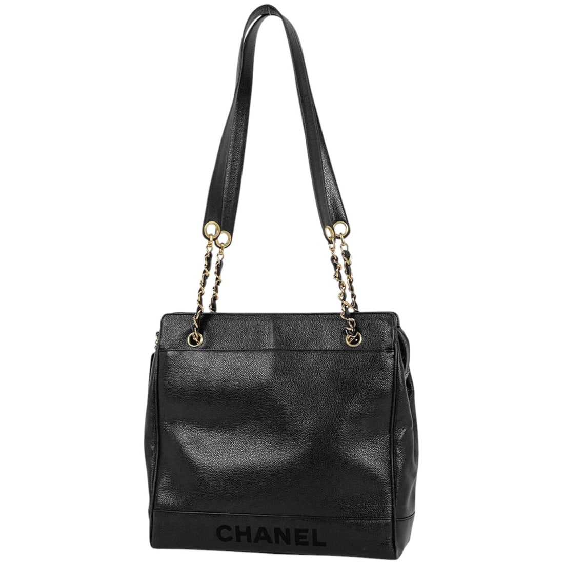 CHANEL logo chain tote bag, shoulder caviar skin, black, women's (1 of 14)
