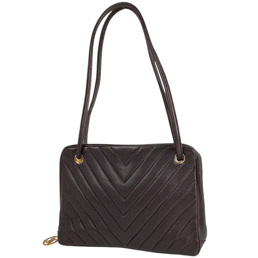 Chanel V-stitch shoulder bag with Coco Mark and chevron design in brown leather burgundy.: --- Catalog ---Category: SizeSize (HxWxD): 19cm x 27cm x 7.5cm / 7.48'' x 10.62'' x 2.95''Category: DesignType: Shoulder bagColor: BrownGender: WomenMaterial: Leather Category: GeneralBrand: Chanel---