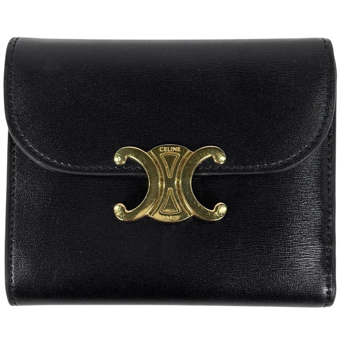 Celine Triomphe Small Flap Wallet, Tri-fold Leather, Black, Women's (1 of 14)