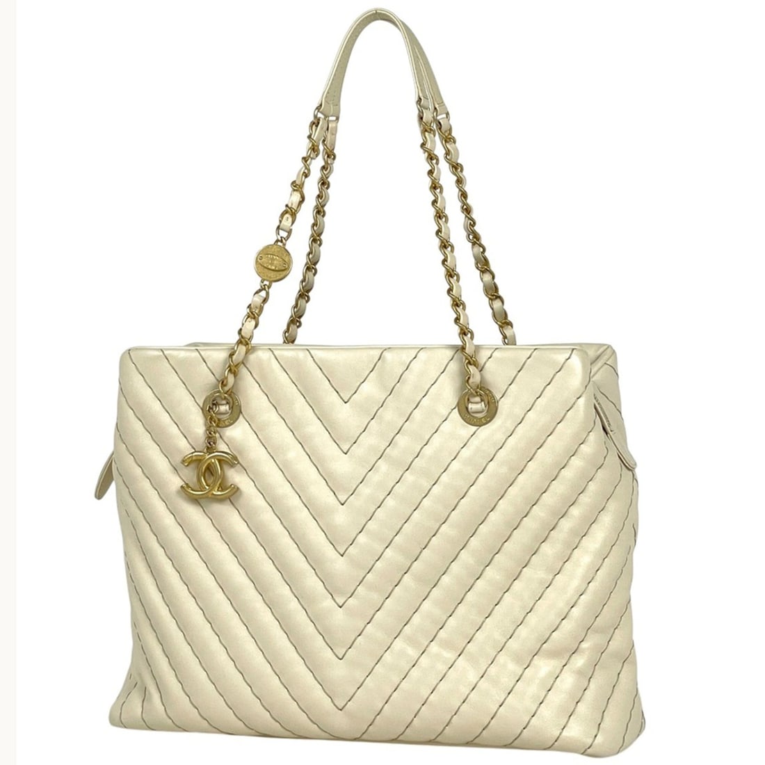 Chanel V-stitch chain tote bag with Coco Mark, shoulder bag, leather, ivory, for women (1 of 12)