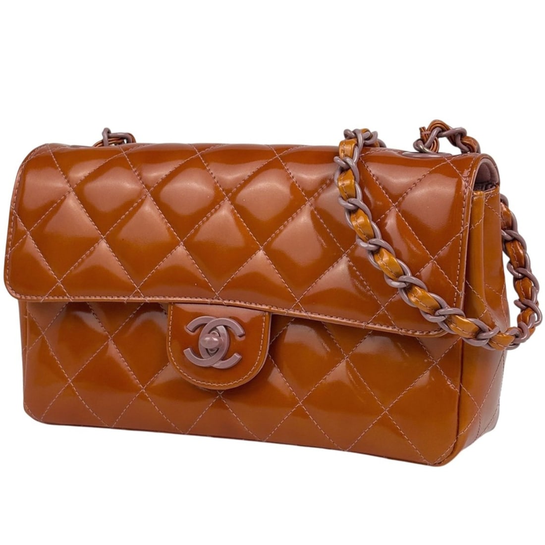 CHANEL Coco Mark Chain Shoulder Bag, Enamel Matelasse Single Flap Patent Leather, Orange, Women's (1 of 15)