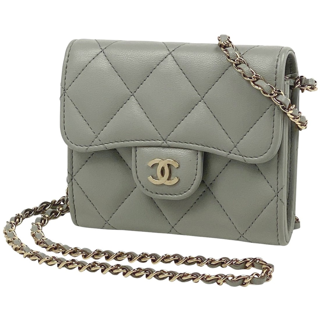 CHANEL Coco Mark Chain Wallet Matelasse Shoulder Bag in Grey Leather (A81465) for Women: --- Catalog ---Category: SizeSize (HxWxD): 9cm x 11.5cm x 3cm / 3.54'' x 4.52'' x 1.18''Category: DesignType: Shoulder bagColor: GrayGender: WomenMaterial: Leather Category: GeneralBrand: Chanel--- It