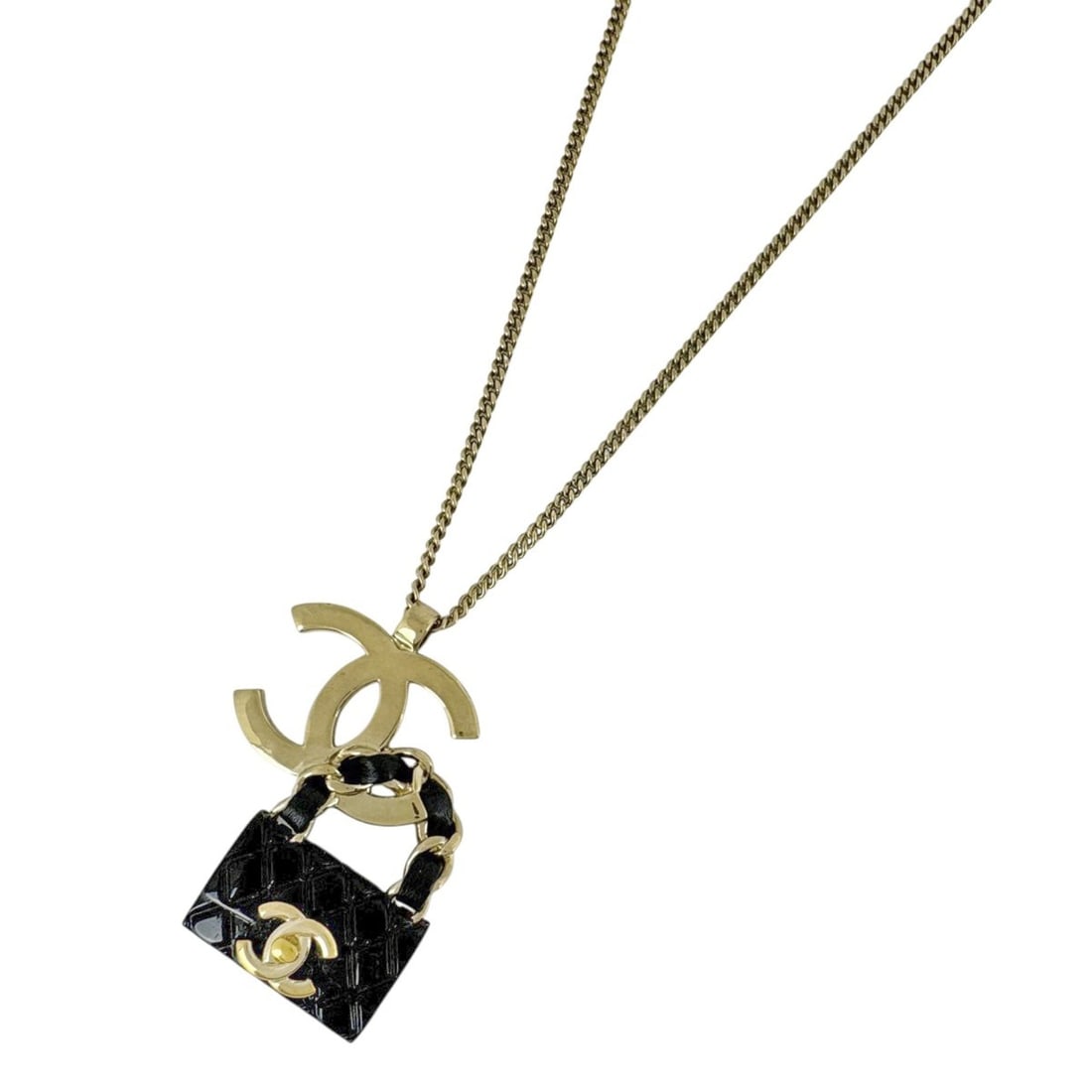 CHANEL Coco Mark Chain Necklace Matelasse Bag Charm GP Gold Black Women's (1 of 11)