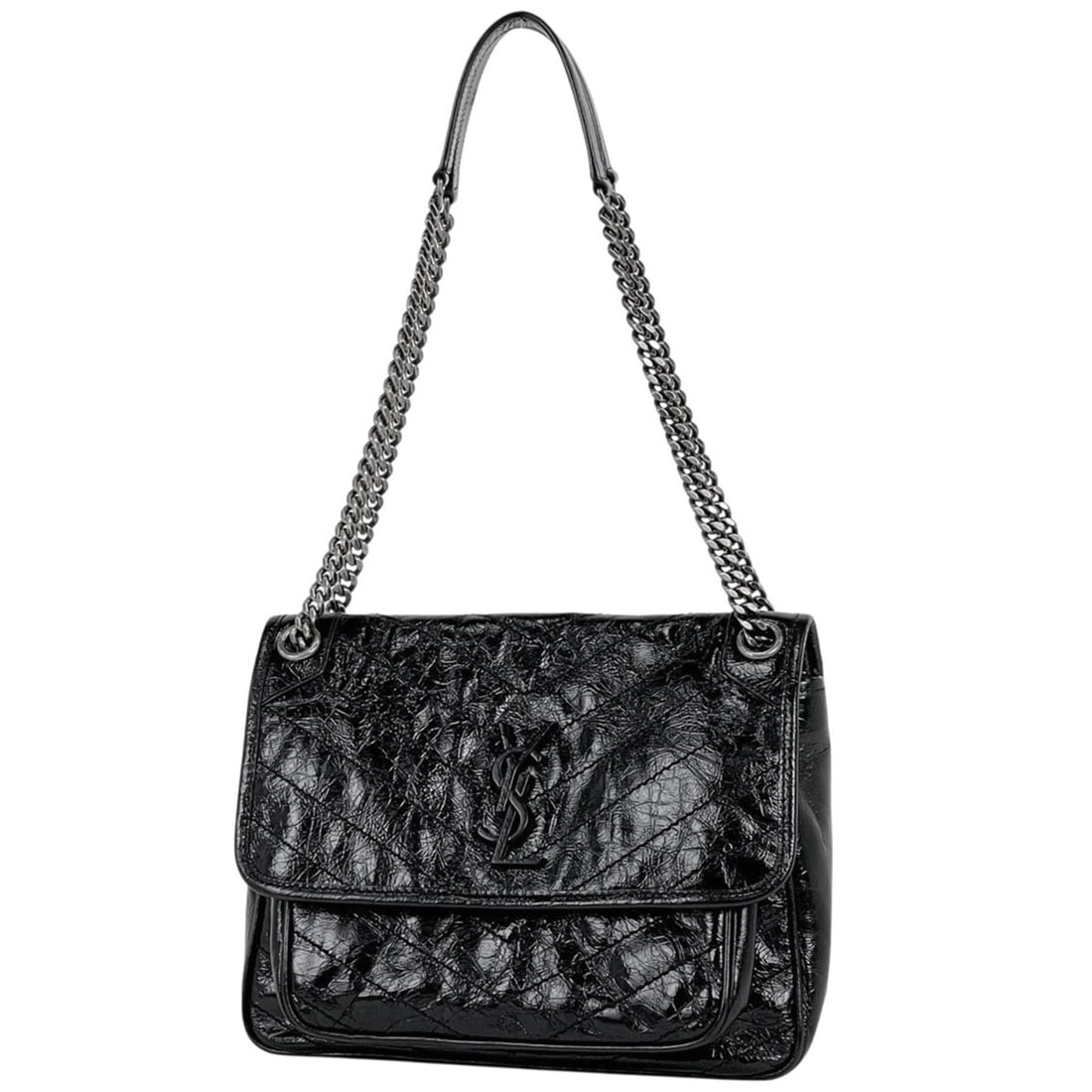 Saint Laurent Niki Medium Chain Shoulder Bag with Logo, Black Leather, 498894, Women's: --- Catalog ---Category: SizeStrap Drop: 53cm / 20.86''Size (HxWxD): 23cm x 27.5cm x 10cm / 9.05'' x 10.82'' x 3.93''Category: DesignType: Shoulder bagColor: BlackGender: WomenMaterial: Leather Inner