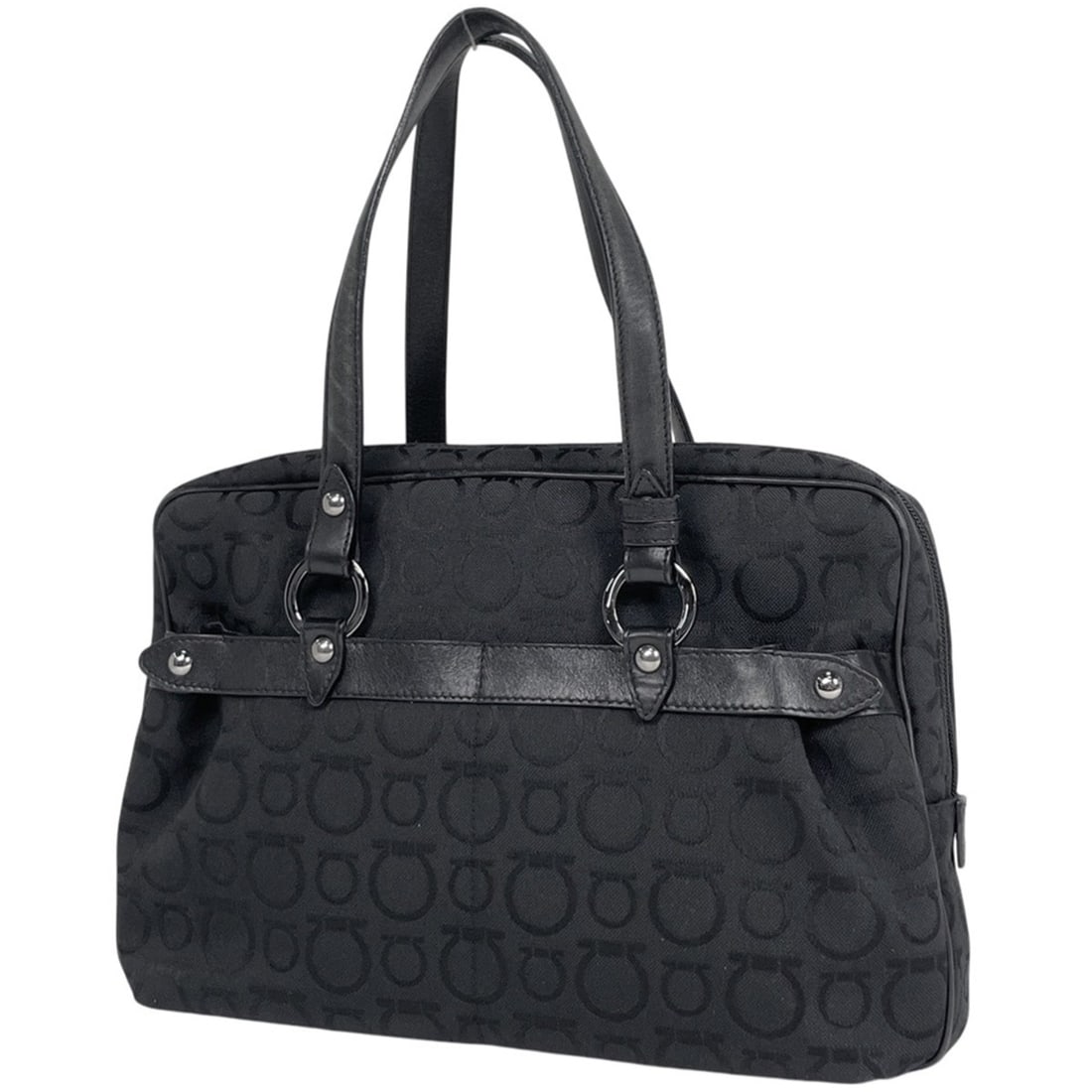 Salvatore Ferragamo Gancini-patterned handbag, canvas, black, 6913, for women.: --- Catalog ---Category: SizeSize (HxWxD): 24cm x 36cm x 6.5cm / 9.44'' x 14.17'' x 2.55''Category: DesignType: HandbagColor: BlackGender: WomenMaterial: Canvas , Leather Category: GeneralLine: Gancin
