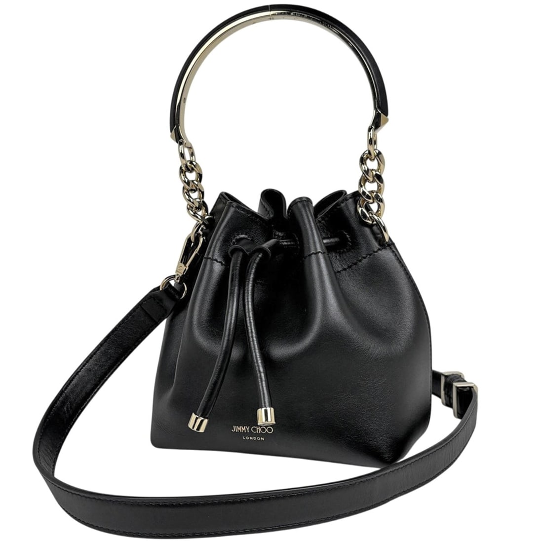 JIMMY CHOO logo handbag, 2-way shoulder bag, drawstring style, leather, black, women's (1 of 12)