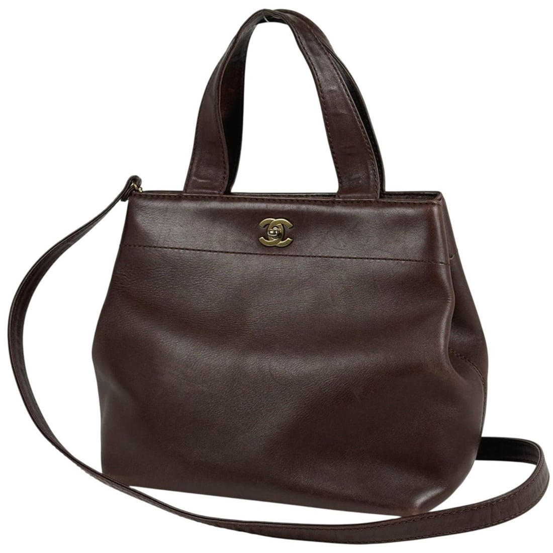 Chanel Coco Mark Handbag, 2-Way Shoulder Bag, Turn Lock Brown Leather, Women's (1 of 12)