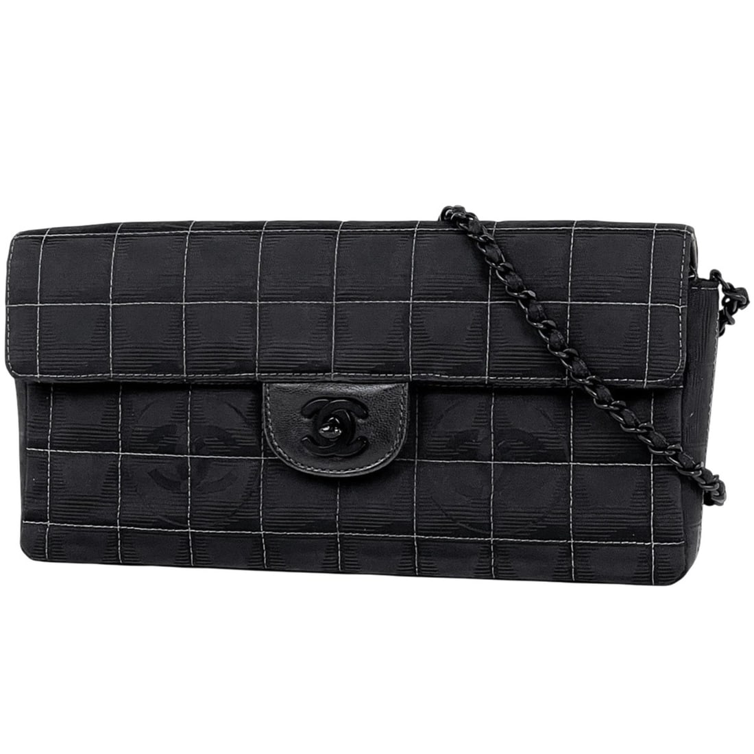 Chanel New Travel Line Chain Shoulder Bag with Coco Mark and Chocolate Bar Design, Nylon Jacquard,: --- Catalog ---Category: SizeSize (HxWxD): 12.5cm x 26cm x 4cm / 4.92'' x 10.23'' x 1.57''Category: DesignType: Shoulder bagColor: BlackGender: WomenMaterial: New Travel Line , Nylon , Leather Categor