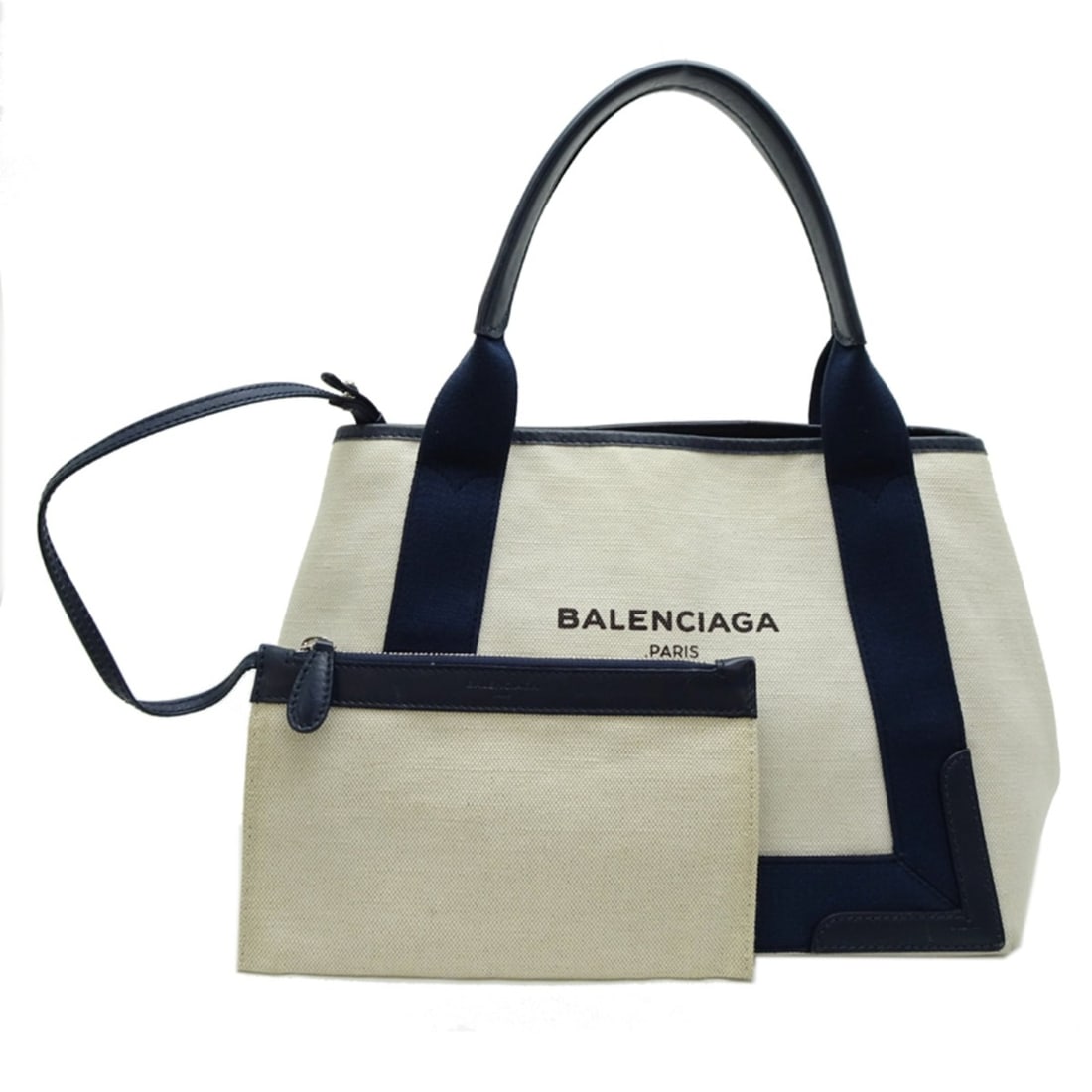 Balenciaga Navy Cabas S Handbag (with pouch) 339933, White Canvas: --- Catalog ---Category: SizeSize (HxWxD): 23cm x 28cm x 17cm / 9.05'' x 11.02'' x 6.69''Category: DesignType: HandbagColor: Navy, WhiteGender: WomenMaterial: Canvas , Leather Category: GeneralMPN: