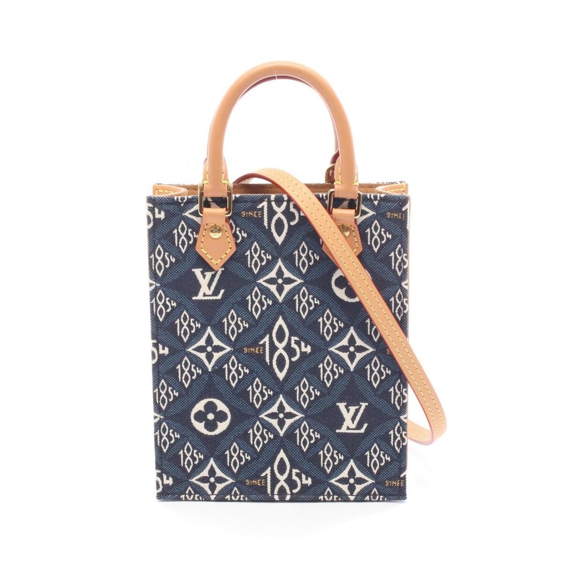 Louis Vuitton Petite Sac Plat Since 1854 Handbag, Canvas and Leather with Monogram Jacquard,: --- Catalog ---Category: SizeSize (HxWxD): 17cm x 14cm x 4.5cm / 6.69'' x 5.51'' x 1.77''Category: DesignType: HandbagColor: Brown, Navy, WhiteGender: WomenMaterial: Canvas , Leather Category: General