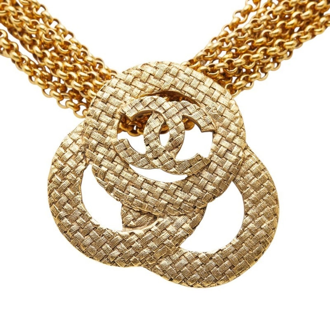 Vintage Chanel Coco Mark Braided Necklace, Gold Plated, Women's, CHANEL: --- Catalog ---Category: SizePendant Size: 51.8mm x 55.6mm / 2.03'' x 2.18''Neck Circumference: 51.5 cm / 20.27''Category: DesignColor: GoldGender: WomenNecklace Type: NecklaceCategory: GeneralBrand: