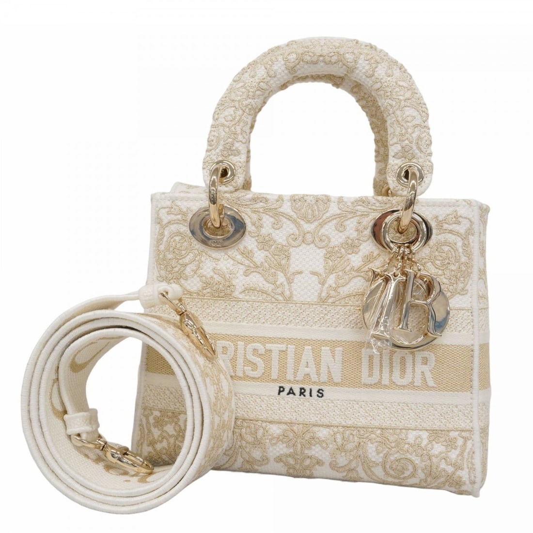 Christian Dior Lady D-Light Canvas Handbag in White, Gold, and Champagne. 2-Way Bag for Women. (1 of 16)