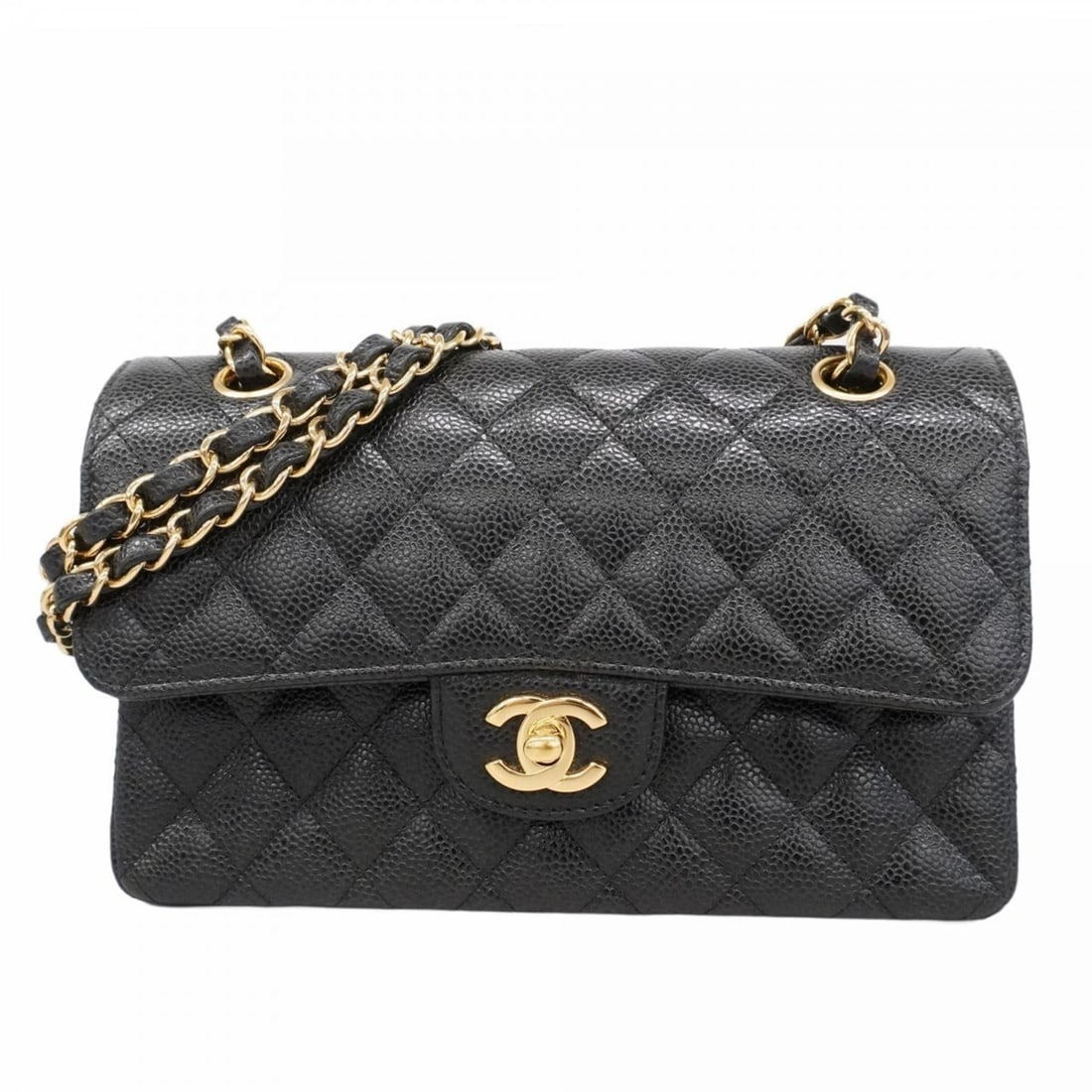 Chanel Matelasse Shoulder Bag with Double Flap and Chain, Caviar Skin, Black, Women's (1 of 11)