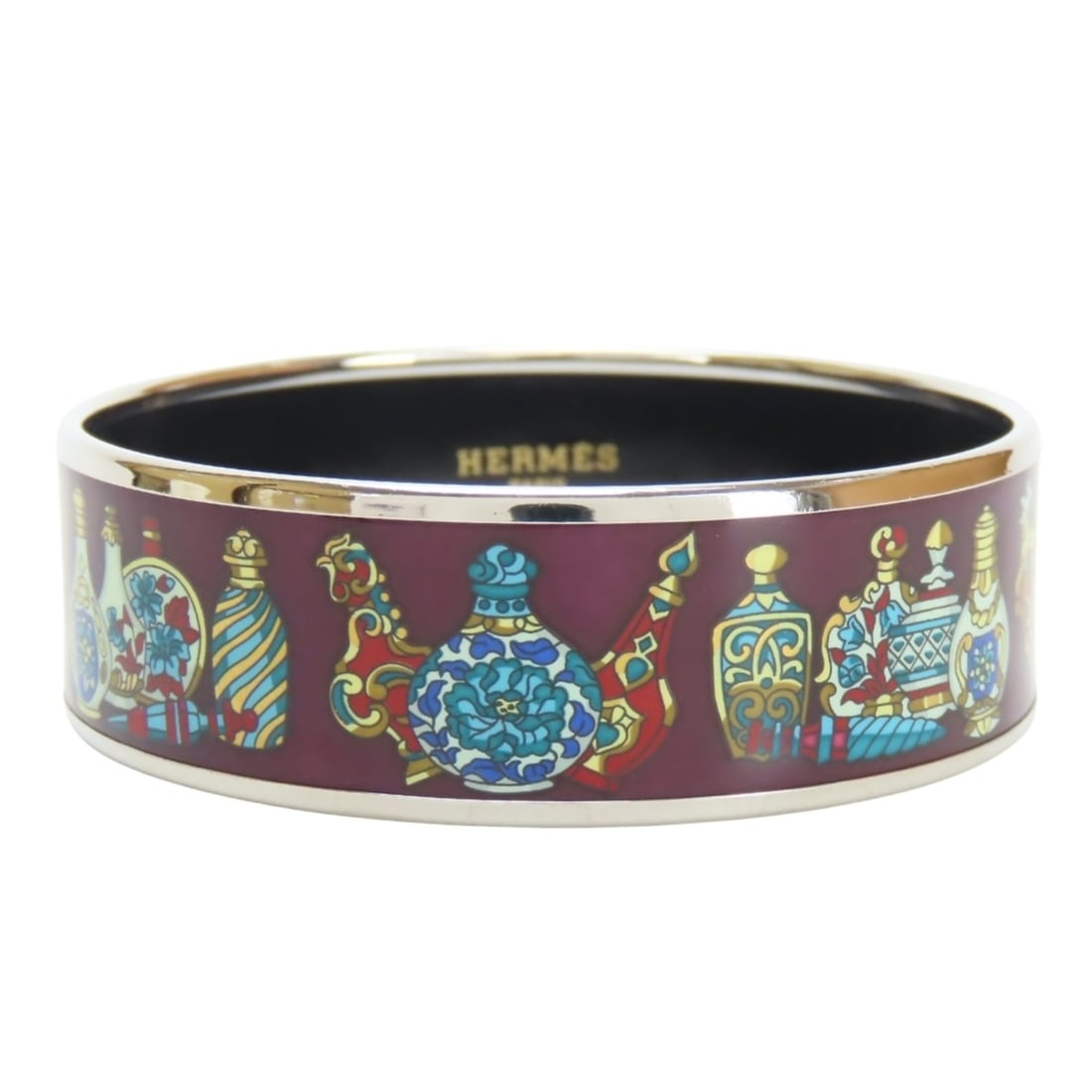 Hermes GM enamel bangle, perfume bottle, metal, enamel, wine red, multicolor, silver, women's.: --- Catalog ---Category: SizeWidth: 2cm / 0.78''Length: 19cm / 7.48''Weight: 39.6g / 1.39oz.Category: DesignType: BangleColor: Multi-color, Silver, WineGender: WomenMaterial: Enamel, MetalCategory: Ge