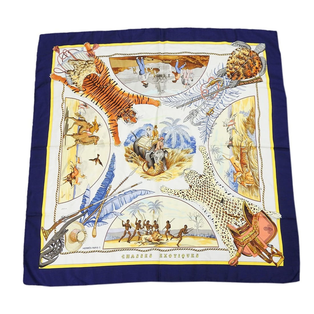 Hermes Hermès Carré 90 Scarf, Silk, Navy and White, Chasses Exotics, Small, Women's (1 of 16)