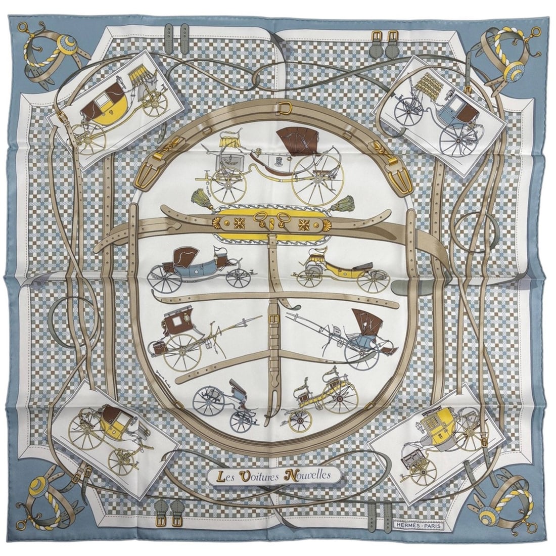 Hermes Hermès Carré 70 "Les Voitures Nouvelles" Horse-Drawn Carriage Evolution Silk Scarf Blue (1 of 11)
