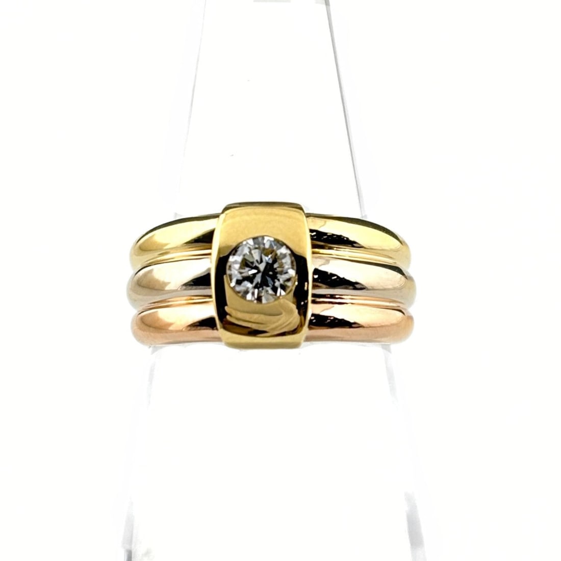 Cartier Diamond Design Ring, Yellow Gold, Three-Color 750 Diamond, Women's: --- Catalog ---Category: SizeWeight: 9.6g / 0.33oz.JP Size: 9.5US Size: 5Category: DesignType: Band ringStone: DiamondGender: WomenMaterial: Pink gold (18K), White gold (18K), Yellow gold (18K)Categor