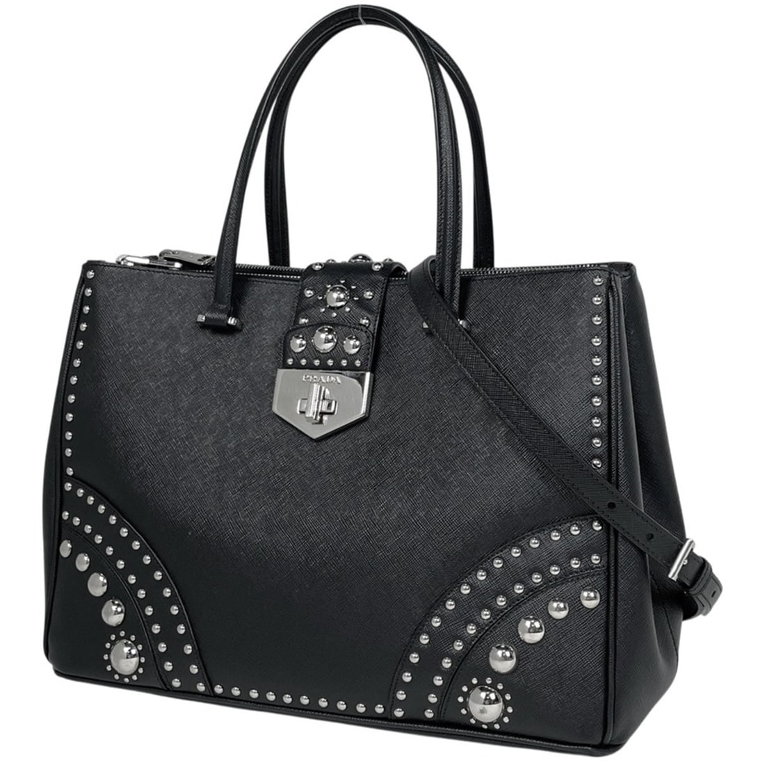 Prada PRADA Logo Tote Bag with Studs, 2-Way Shoulder Bag/Handbag, Saffiano Leather Nero (Black) (1 of 16)