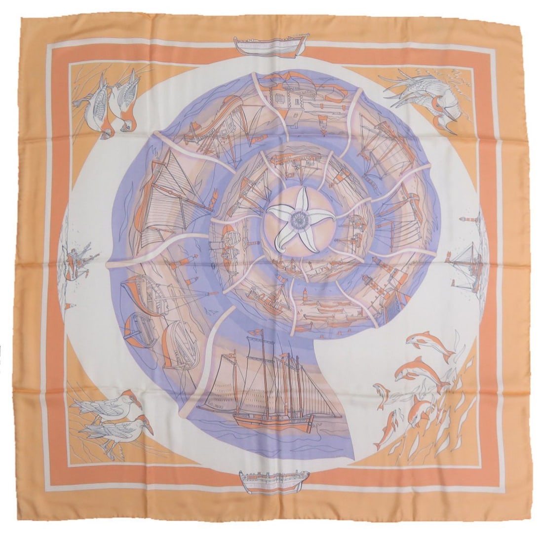 Hermes Excellent condition Hermès Carré 90 "Friends of the Sea" silk scarf in orange and pastel (1 of 15)
