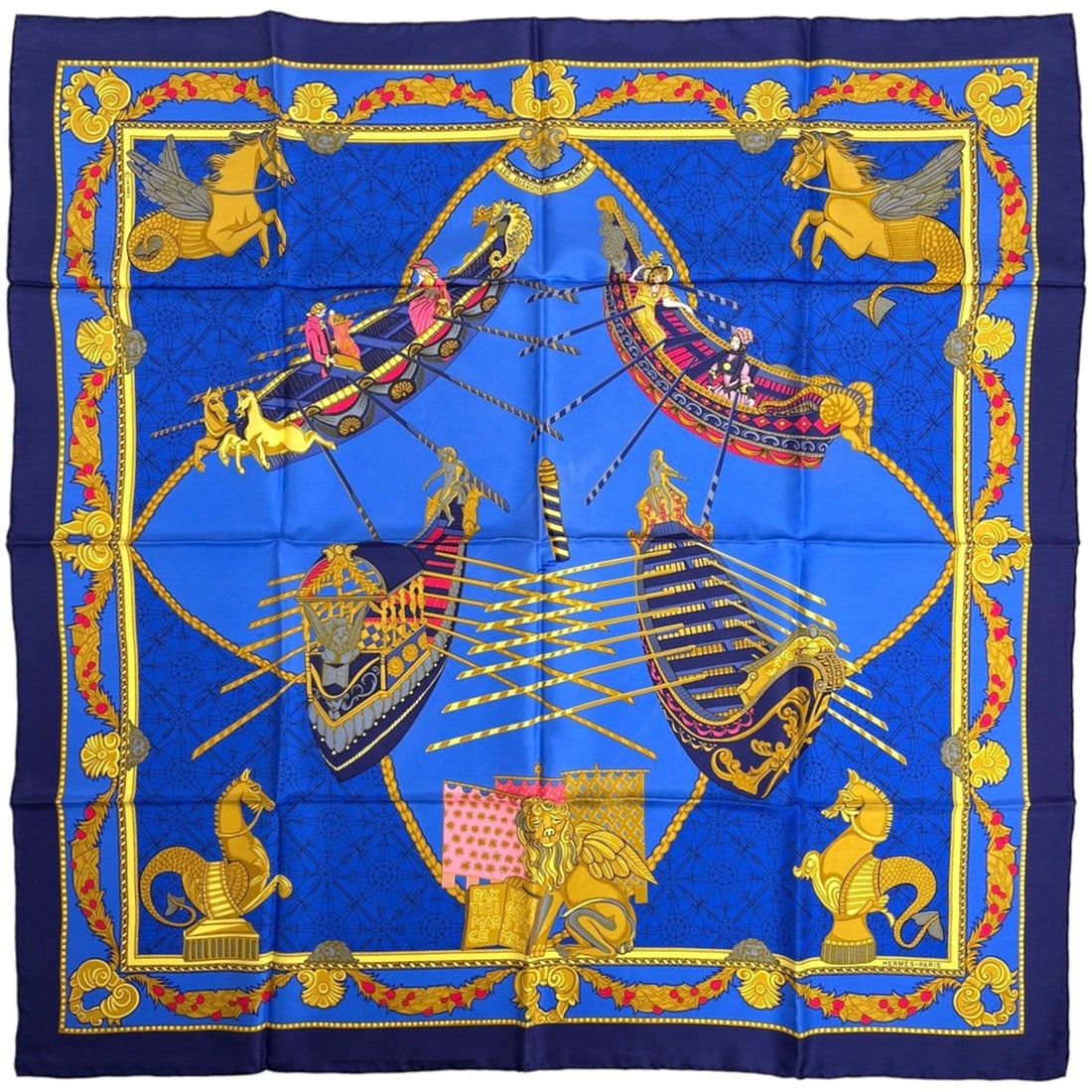 Hermès HERMES Carré 90 "Les Bissons de Venice" Venice Boat Festival Silk Scarf Blue Multicolor (1 of 10)