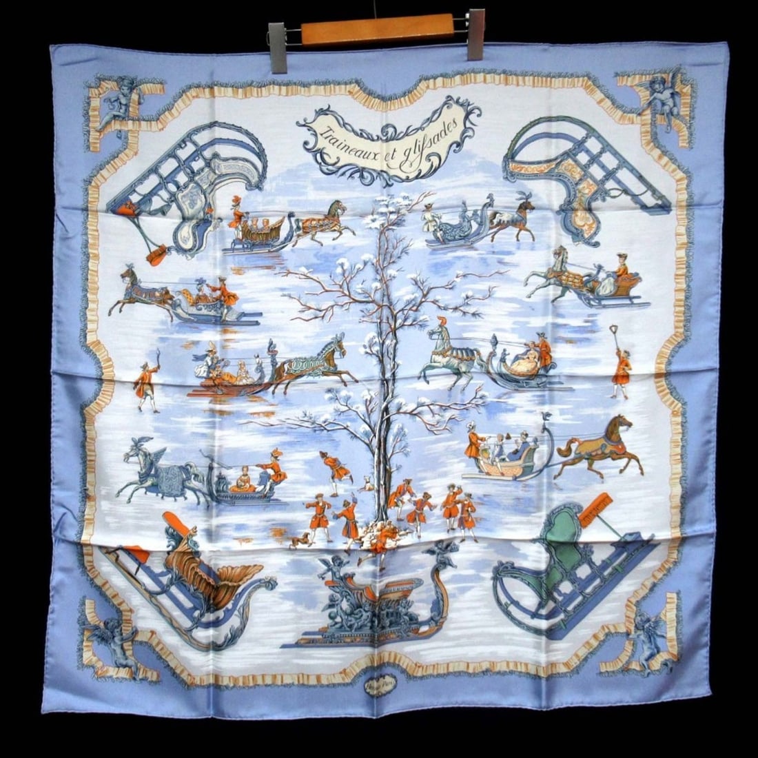 HERMES Carré 90 Traineaux et glifsades (Sled and Skate) Large Scarf, Blue, Women's (1 of 12)